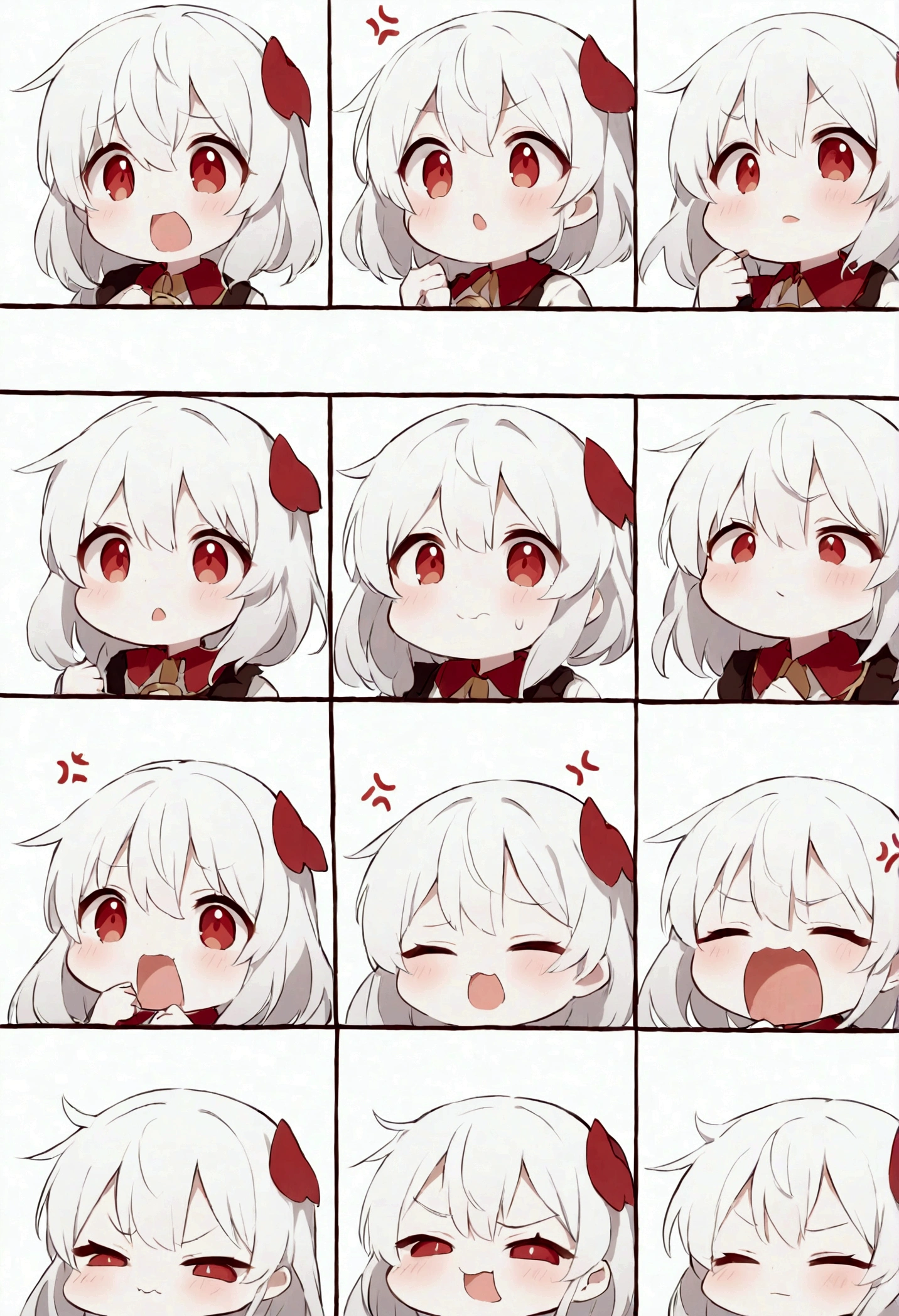 Cute kawaii style anime girl，White hair and red eyes cute style，Comic exaggerated expression，Expressions and movements，Exaggerated movements，hapiness，anger，sad，surprise，hapiness等，Various emotions，White background，Q version，Nine-grid，Nine different expressions