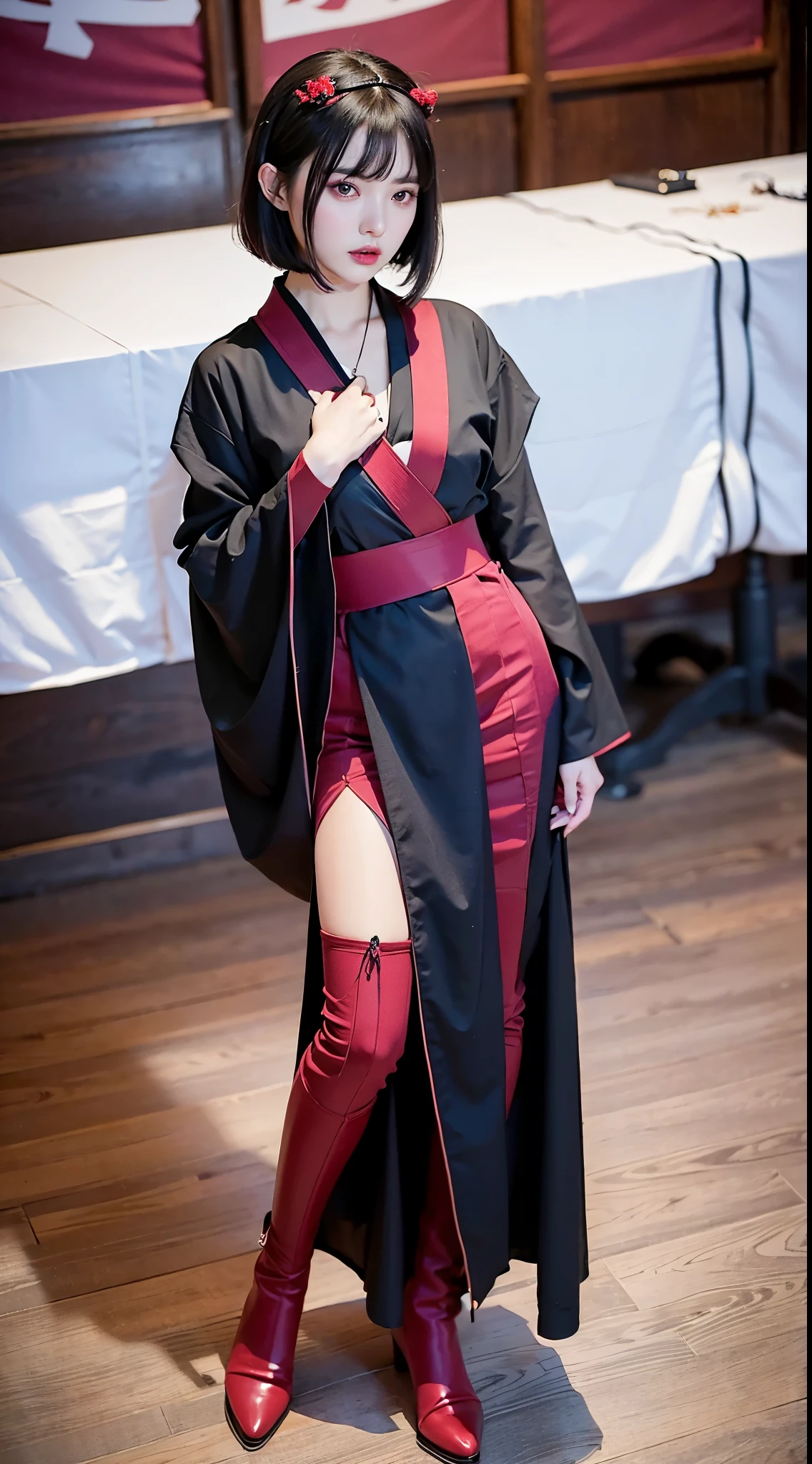 ulzzang-6500-v1.1, (RAW Photos:1.2), (Photorealistic), (Genuine:1.4), (masterpiece), Elegant woman with a perfect figure: 1.3, Jet Black Hair、((Straight bob hair with neatly cut ends、bangs、Red Hairband))、(Wearing a deep purple furisode with an elegant pattern)、Standing with folding fan closed、Majestic Hall々, (Murderous Intentに満ちた表情:1.2)、 Highly detailed face and skin, Fine Eyes, double eyelid, ((Full Body Shot:1.14))、Wear short boots、Murderous Intent、Murderous intent、Sharp Eyes、