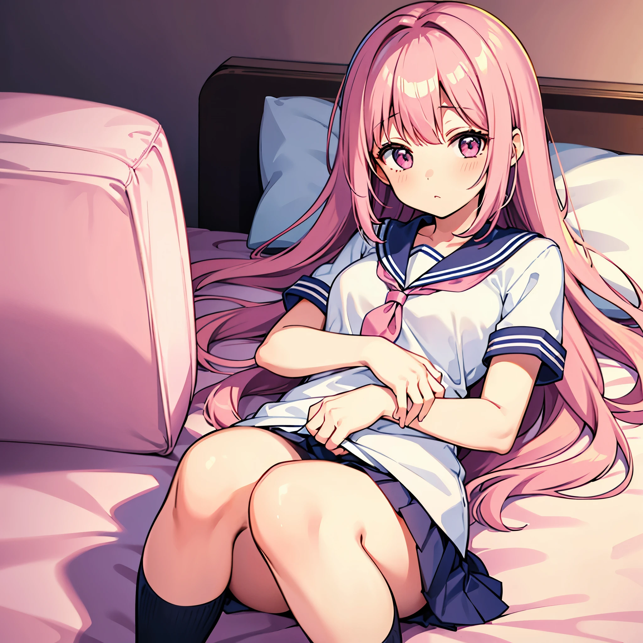 A pink-haired high school girl in a sailor uniform who is feeling unwell is lying alone on a bed in the nurse's office.