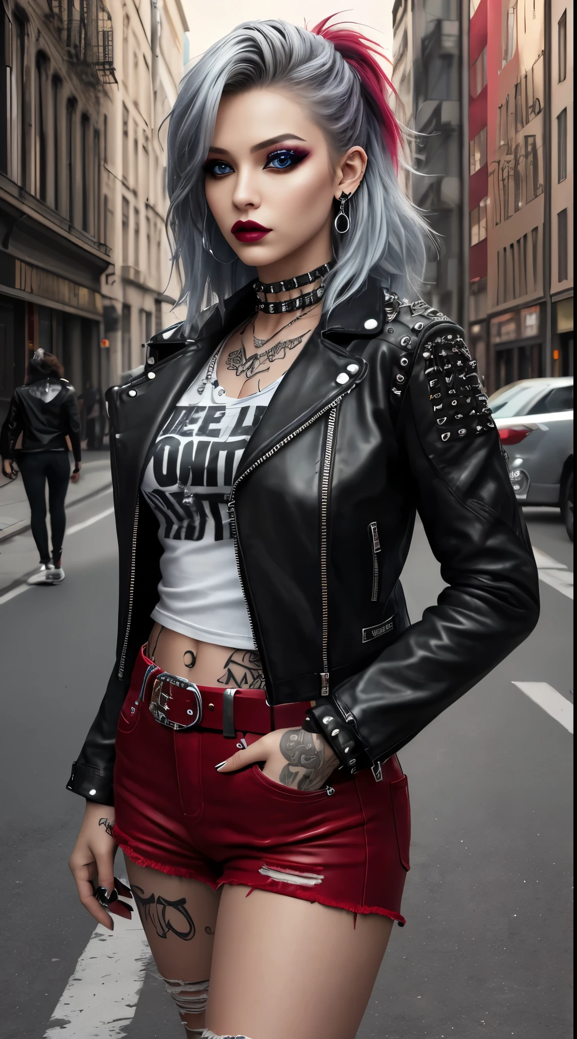 A rebellious and edgy girl with messy hairstyle, piercings, tattoos, silver studded nails, intricate designs, ear decorations, nose piercing, ripped jeans, leather jacket, band t-shirt, combat boots, chunky sneakers, studded belt, fingerless gloves, silver rings, rebellious aesthetic, (best quality,4k,8k,highres,masterpiece:1.2),ultra-detailed,(realistic,photorealistic,photo-realistic:1.37), HDR, vivid colors, punk rock style, edgy fashion, midnight black, fiery red, rebellious attitude, expressive eyes, punk rock makeup, urban street style.