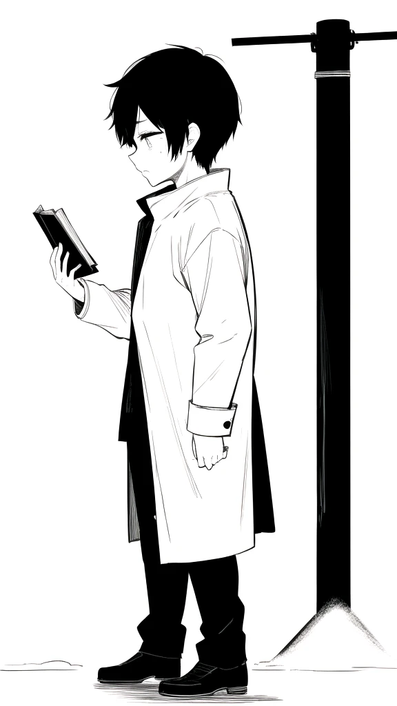 best quality, chibi, Shadow Boy,Black Hair(full body), Pure white background,Vivid,clearly,sad face,rain,snow,Are crying,shout,Man standing on a street corner,profile,Looking for someone,holding a book in hand
