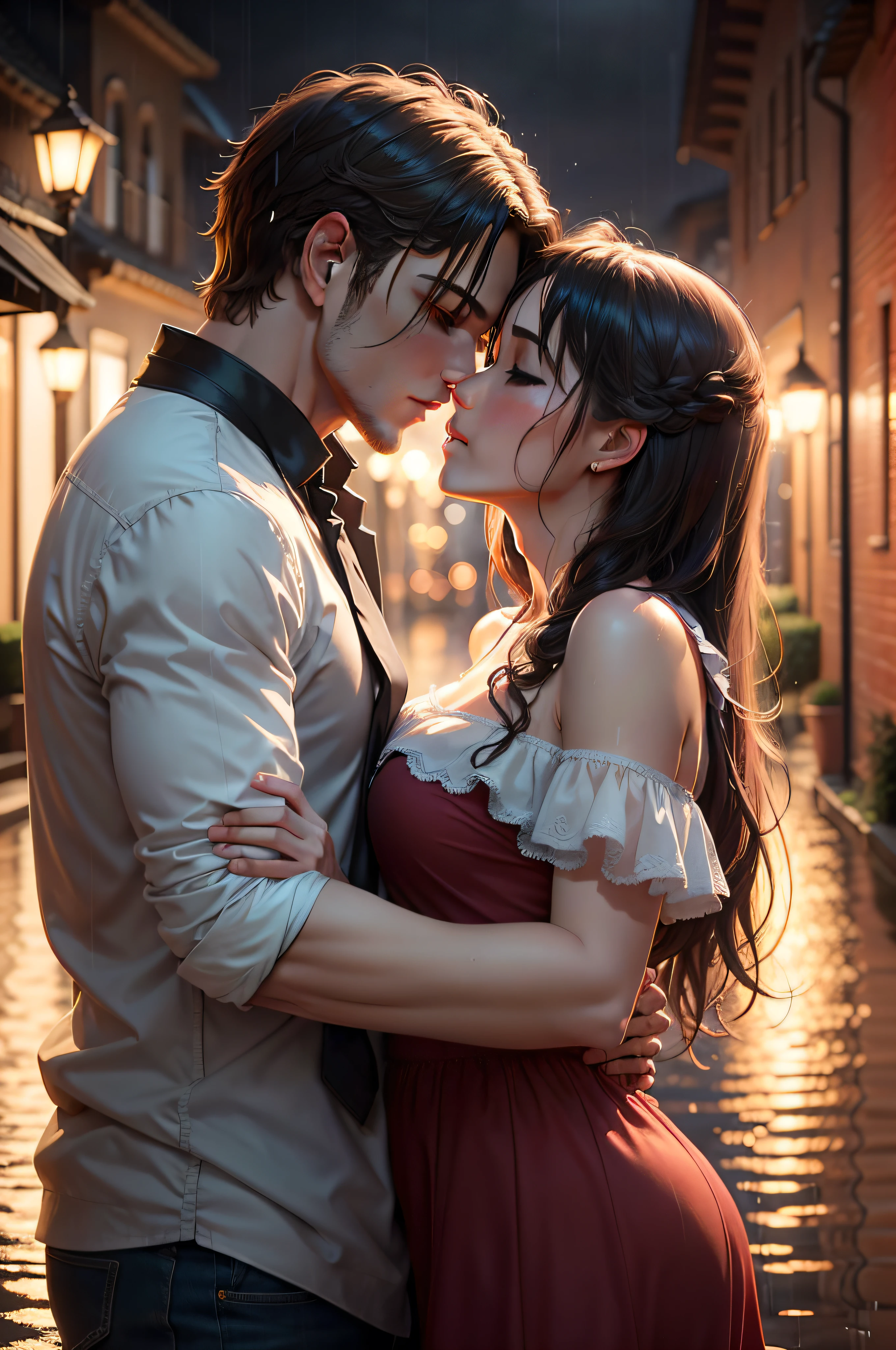 Romantic and intimate scenes, Perfectly captures the true love and traditional couple emotions with dynamic and charming angles(Very high quality CG art, Better lighting and shadow techniques),A woman in love, Kiss in the rain, The water sparkles on your skin