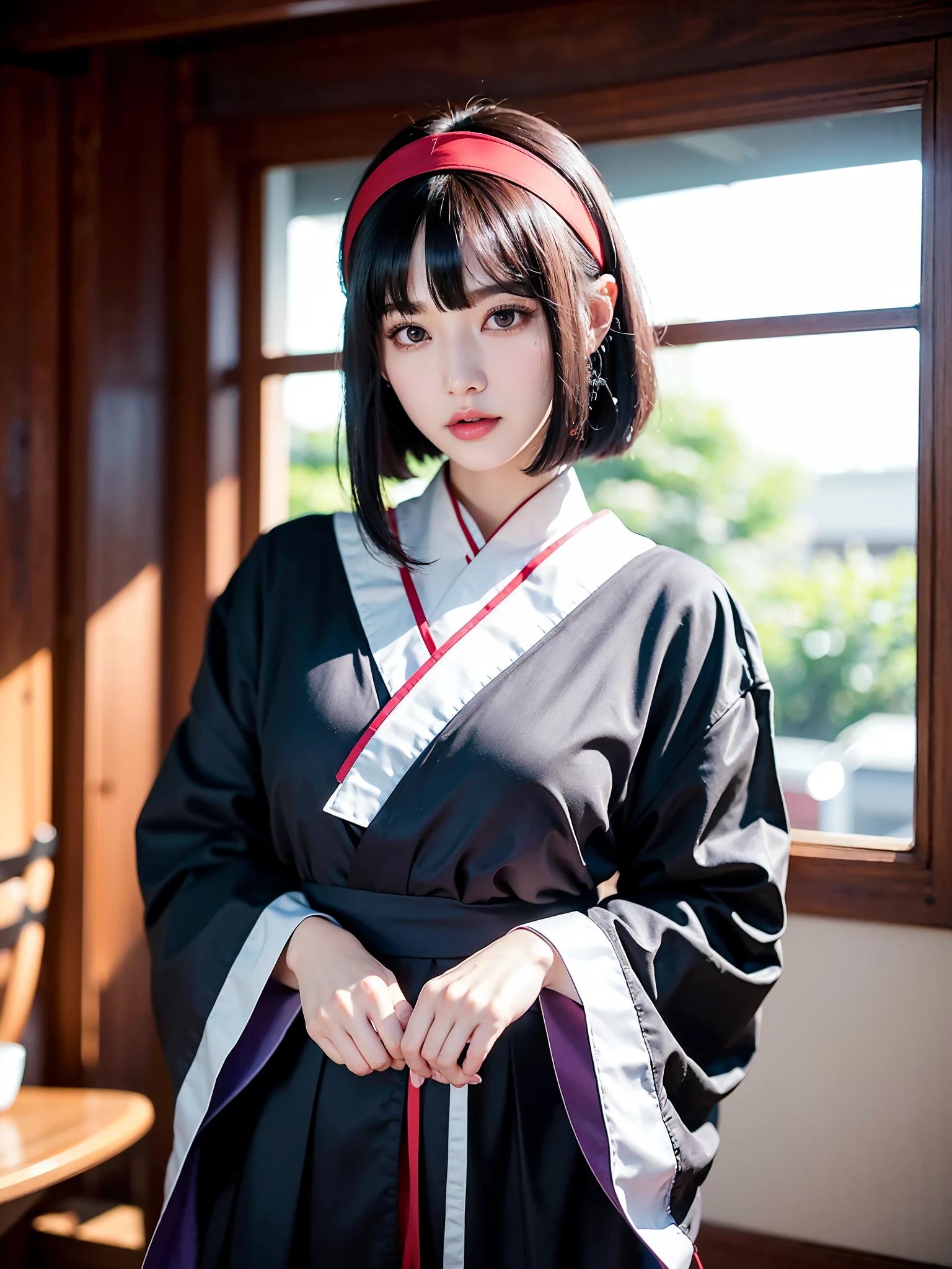 ulzzang-6500-v1.1, (RAW Photos:1.2), (Photorealistic), (Genuine:1.4), (masterpiece), Elegant woman with a perfect figure: 1.3, Jet Black Hair、((Straight bob hair with neatly cut ends、bangs、Red Hairband))、(Wearing a deep purple furisode with an elegant pattern)、fan、Majestic Hall々, (Murderous Intentに満ちた表情:1.2)、 Highly detailed face and skin, Fine Eyes, double eyelid, ((Full Body Shot:1.0))、Wear short boots、Short light weapons、Murderous Intent、Murderous intent、Sharp Eyes、(Ready for battle),