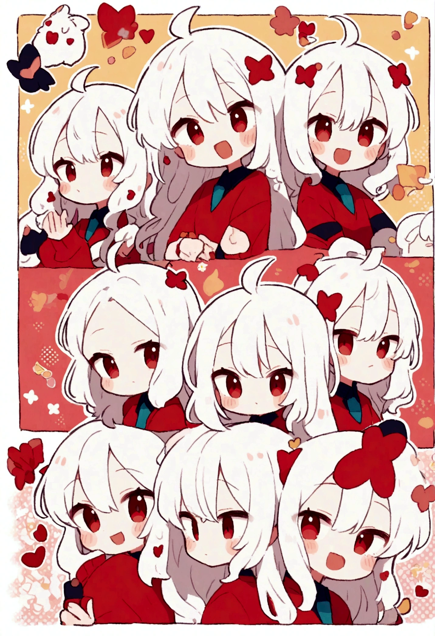 Cute kawaii style anime girl,White hair and red eyes cute style,Comic exaggerated expression,Expressions and movements,Exaggerated movements,hapiness,anger,sad,surprise,hapiness等,Various emotions,White background,Q version,Nine-grid,Nine different expressions