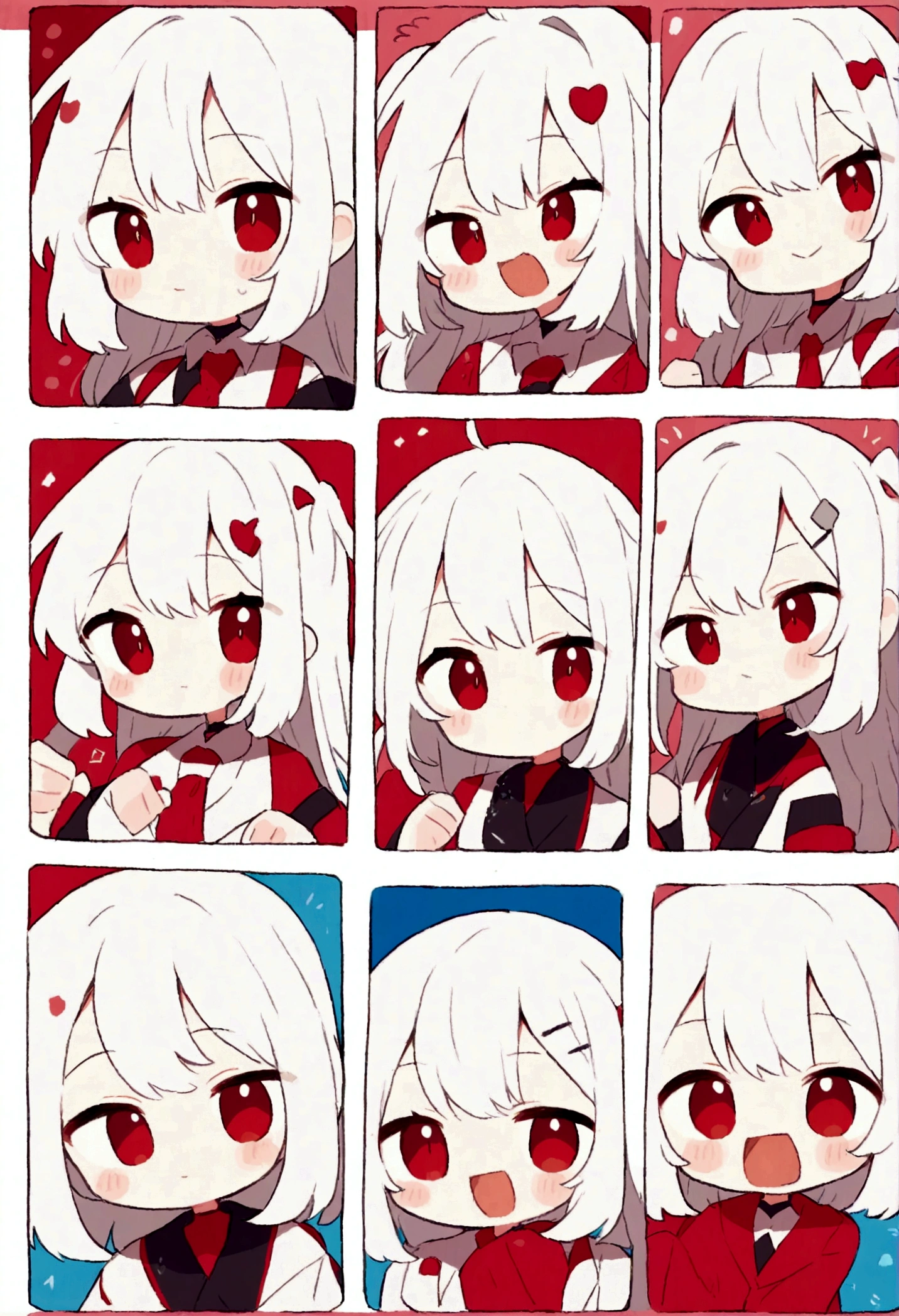 Cute kawaii style anime girl,White hair and red eyes cute style,Comic exaggerated expression,Expressions and movements,Exaggerated movements,hapiness,anger,sad,surprise,hapiness等,Various emotions,White background,Q version,Nine-grid,Nine different expressions