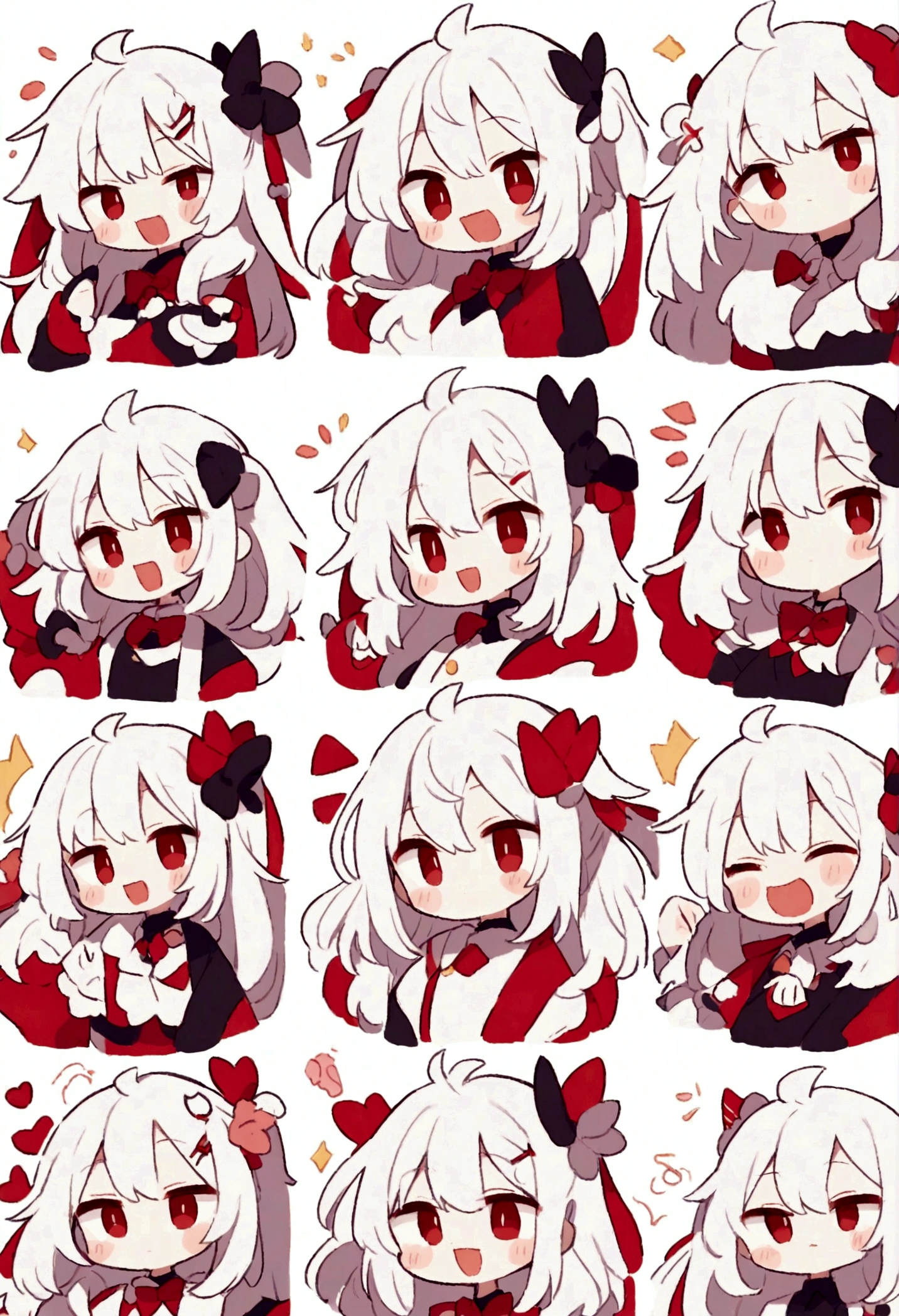 Cute kawaii style anime girl,White hair and red eyes cute style,Comic exaggerated expression,Expressions and movements,Exaggerated movements,hapiness,anger,sad,surprise,hapiness等,Various emotions,White background,Q version,Nine-grid,Nine different expressions