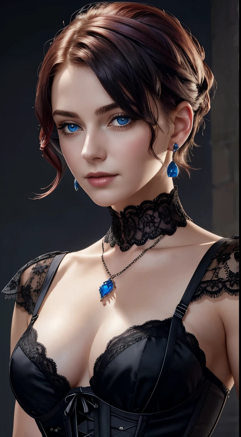Victorian black lace corset:1.2, Looking at Viewer, Cinematic lighting, Perfect, softlight, High resolution skin:1.2, Realistic skin texture, 20 years old woman、a small face、no-makeup、, heart necklace, earrings, Blue eyes, Short hair, bright red hair、、Gray background、