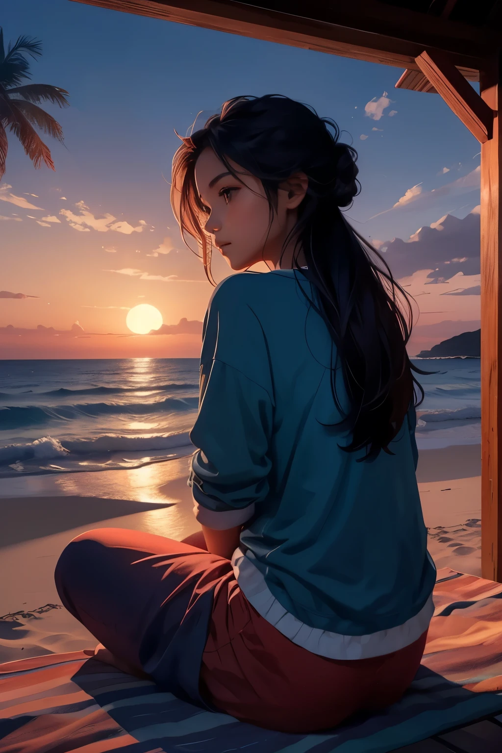 back side view picture of a girl sitting with comfortable clothes in the beach with red blue shade sunset, calm serene atmosphere looking at a sea shell in her hand