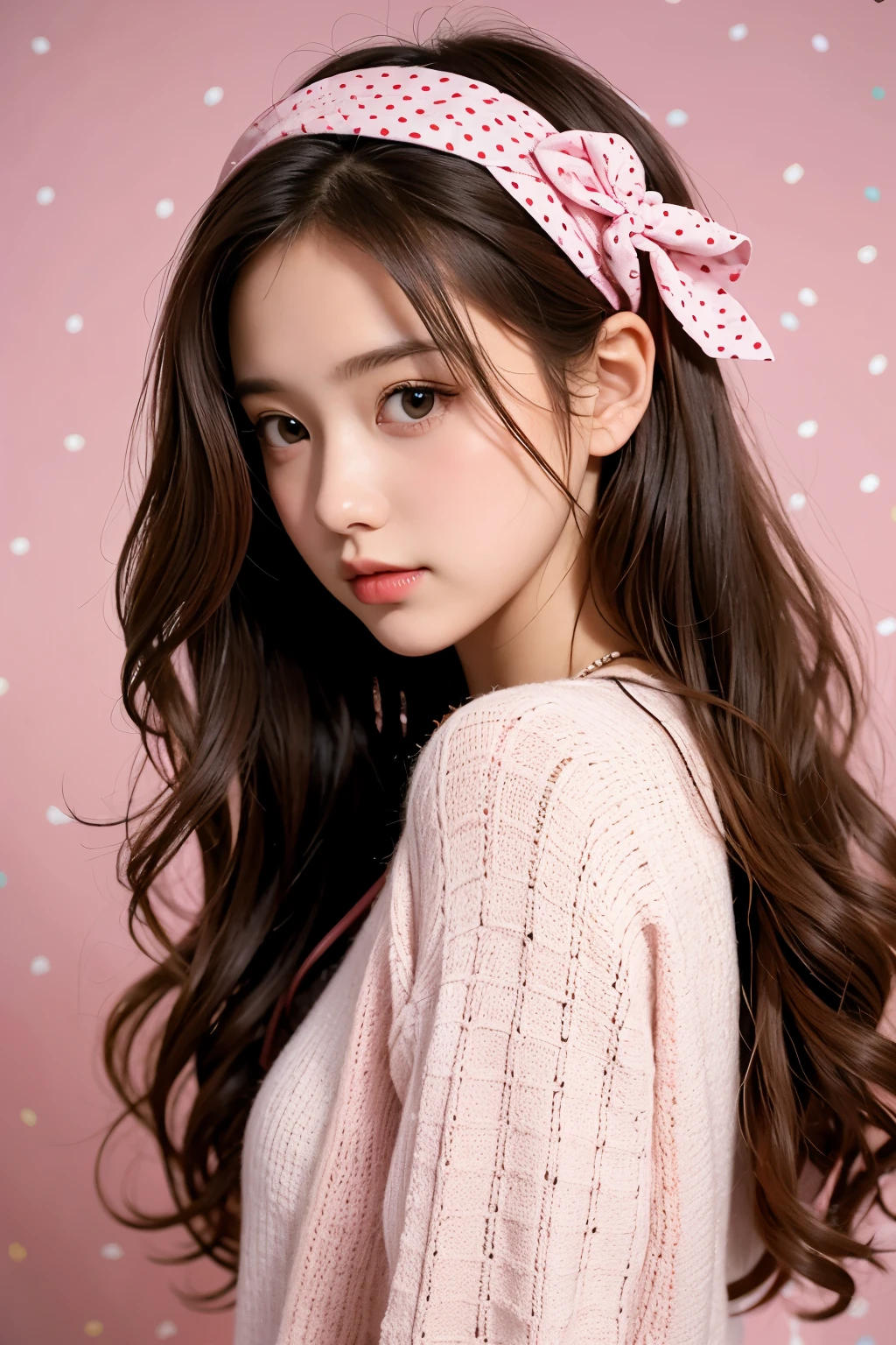 (masterpiece, best quality:1.2), 1 girl, alone,wavy hair,Ribbon headbands,polka dot sweater,sweater detail,Colorful backgrounds,