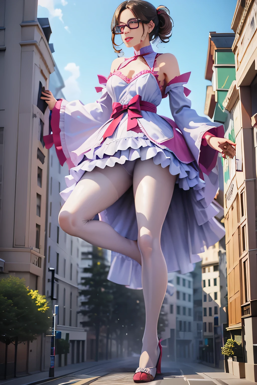 giantess art, highly detailed giantess shots, giantess, Two legs, Five fingers, short hair, super giant princess, A beautiful girl who is bigger than any skyscraper, Wearing rimless glasses, smile, Big Breasts, White gorgeous dress, White Pantyhose, white pantyhose, White stiletto sandals, toes visible through pantyhose, Destroying cities, A very small big city, Miniature metropolis, Full body description, GTS, giga giantess, stomping city, crash city, tiny city, micro city, pantyhose feet, High resolution, highest quality, masterpiece, princess dress, 