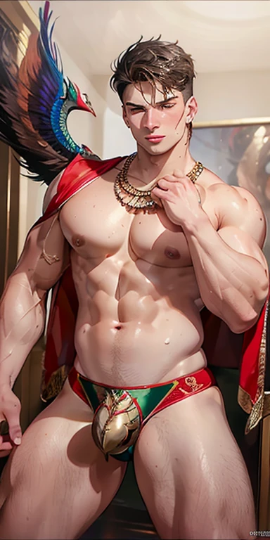 masterpiece, ((masterpiece)), Best quality, complex parts, expressive eyes, perfect face, detailed face, Highly detailed and fine figurine, ultra-realistic, detailed body, detailed pectoral muscles, ((Male focus)), detailed muscles, convex, не носить топы A handsome boy, , athletic build, ideal body, aesthetically beautiful, erotically tempting, seducing, offering himself With a beautiful sexy tango panti With round perfect buttocks, muscular, sweaty after a workout, In a Venetian mask with peacock and bird of paradise feathers, In White, red and gold colors, diamond chips all over the body 