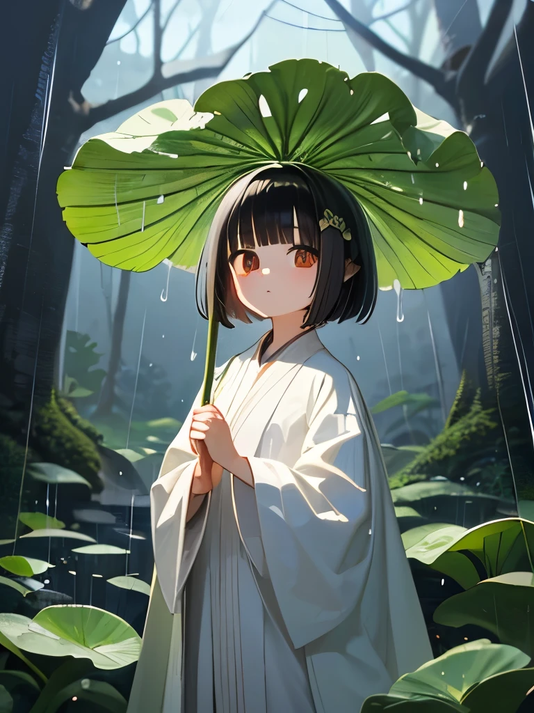 masterpiece, best quality, extremely detailed, anime, A little spirit girl, black hair, bob cut hair, short, wearing a white robe, Holding a large butterbur leaf over his head, rain, in the forest,