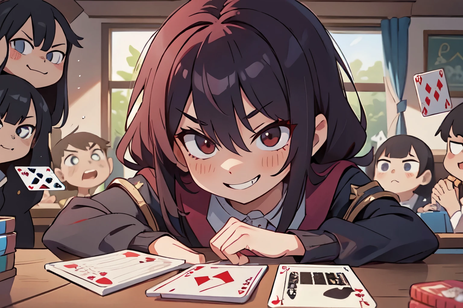 (evil smile), Trump, Arranged cards, sneer, Mean, Sarcastic smile, Evil scheme, Hidden Smile, strong, School, classroom, A scene where a girl is strategizing to win a card game。She manipulated the cards、Trying to trap the other person。In the background is a luxurious game room.、There is someone who is unaware of her schemes.。