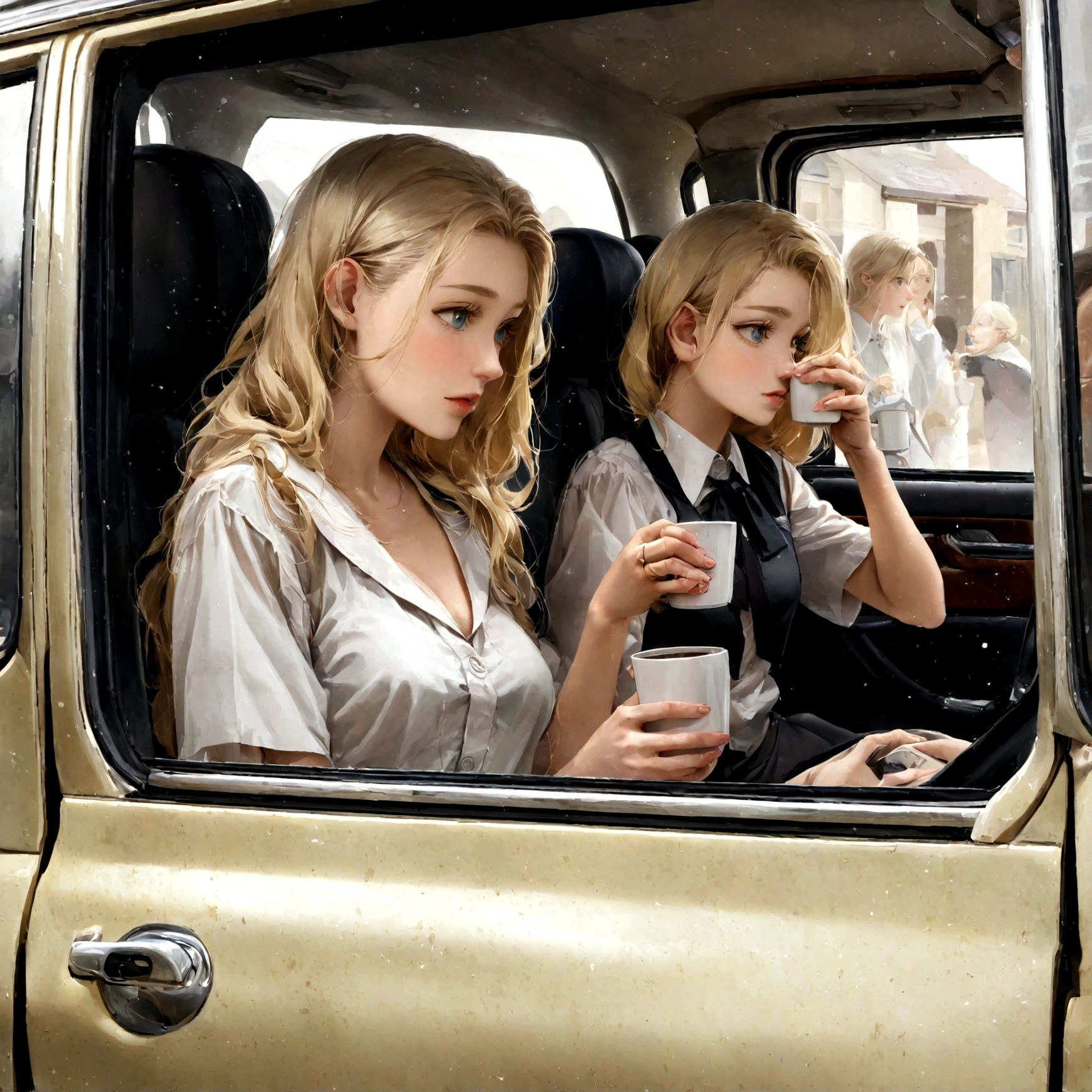 The wife (the blonde as I described in the beginning) cleans windows in the house. Through the windows she sees her husband sitting with another girl in the car drinking coffee.The people in the pictures should be older than 30 years old... not teenagers/young adults.