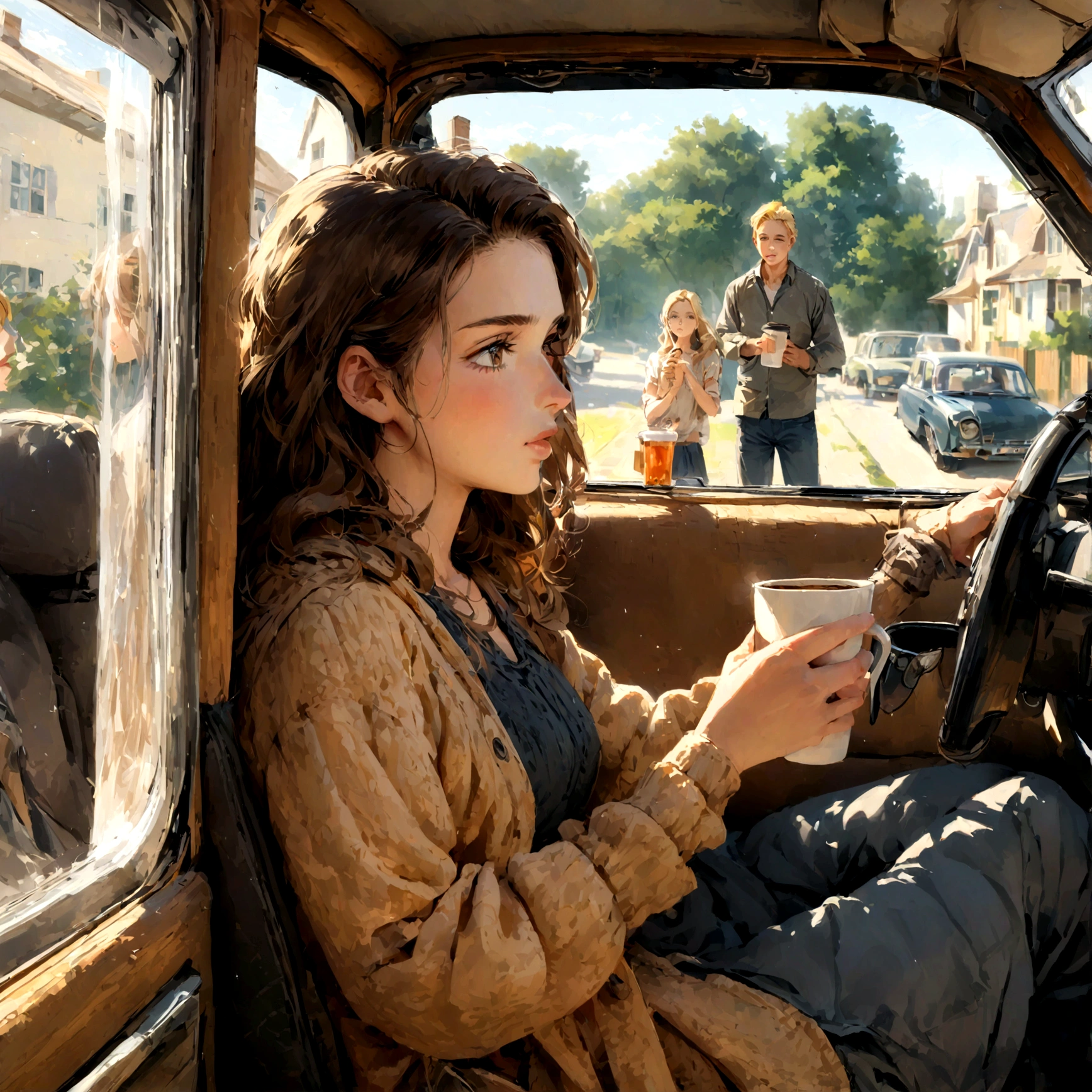 The wife (the blonde as I described in the beginning) cleans windows in the house. Through the windows she sees her husband sitting with another girl in the car drinking coffee.The people in the pictures should be older than 30 years old... not agers/young adults.