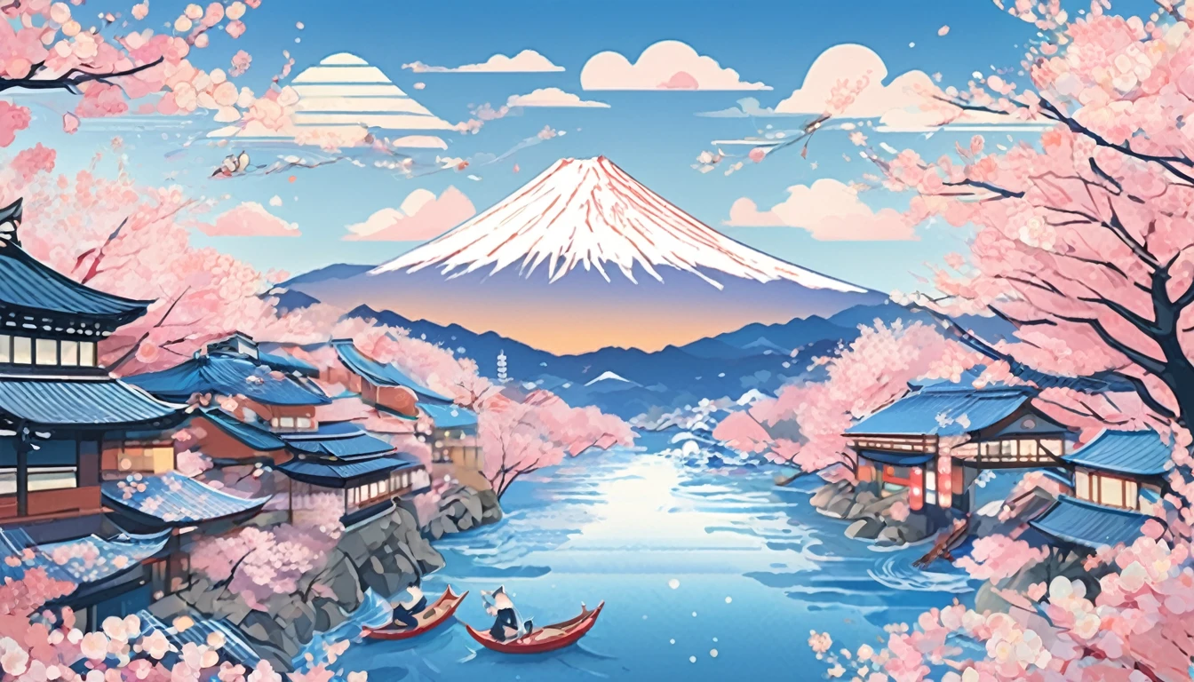 Create an image with traditional Japanese elements,For example, cherry blossoms、Fuji Mountain、Japanese classic town and cat in kimono。The overall design should resemble a 1000 yen note,Featuring intricate patterns and a color palette that includes shades of blue and pink。Artistic expressions that include authentic features of currency,such as holograms or watermarks。