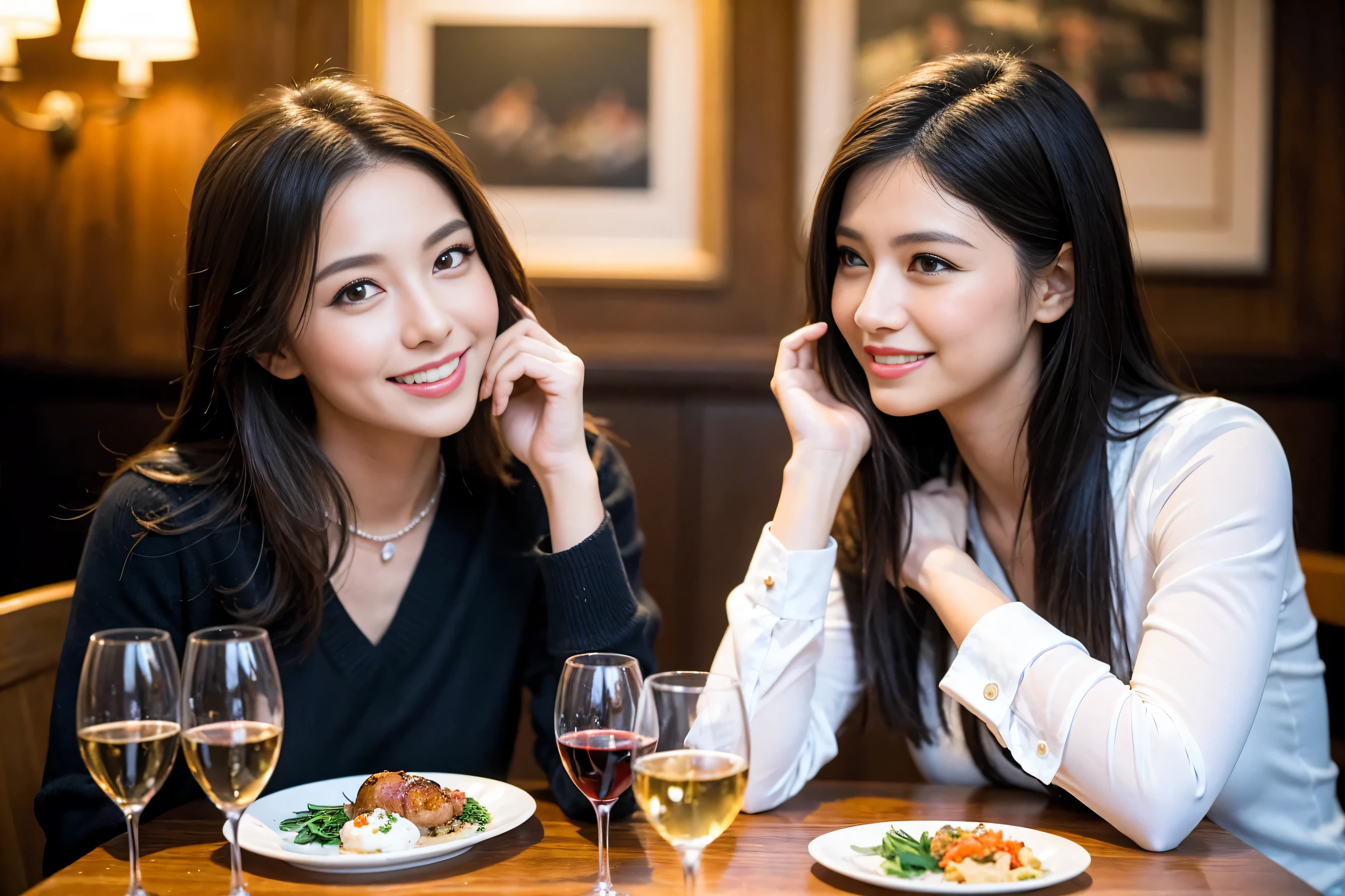 ((highest quality、8k、masterpiece:1.3))、1 male 1 female、Lovers、beautiful couple、Japanese couple、Happy Smile、Dinner Course、Appetizers、Italian food、Wine Party、 (Slim face), (The body is スリム), (Brown Hair), (Shortcuts), ((Bob Hale、Straight hair:1.2)), Wine glass on the table、Please put light on my face、 Amazing view of the sunset sky and clouds、 (36 years old), 39 years old, red wine 、Wine bottle、Champagne、sparkling wine、Long sleeve dress、restaurant, Nova Frog Style, actress, model, Upper Body, White wine, red wine, wine glass, 