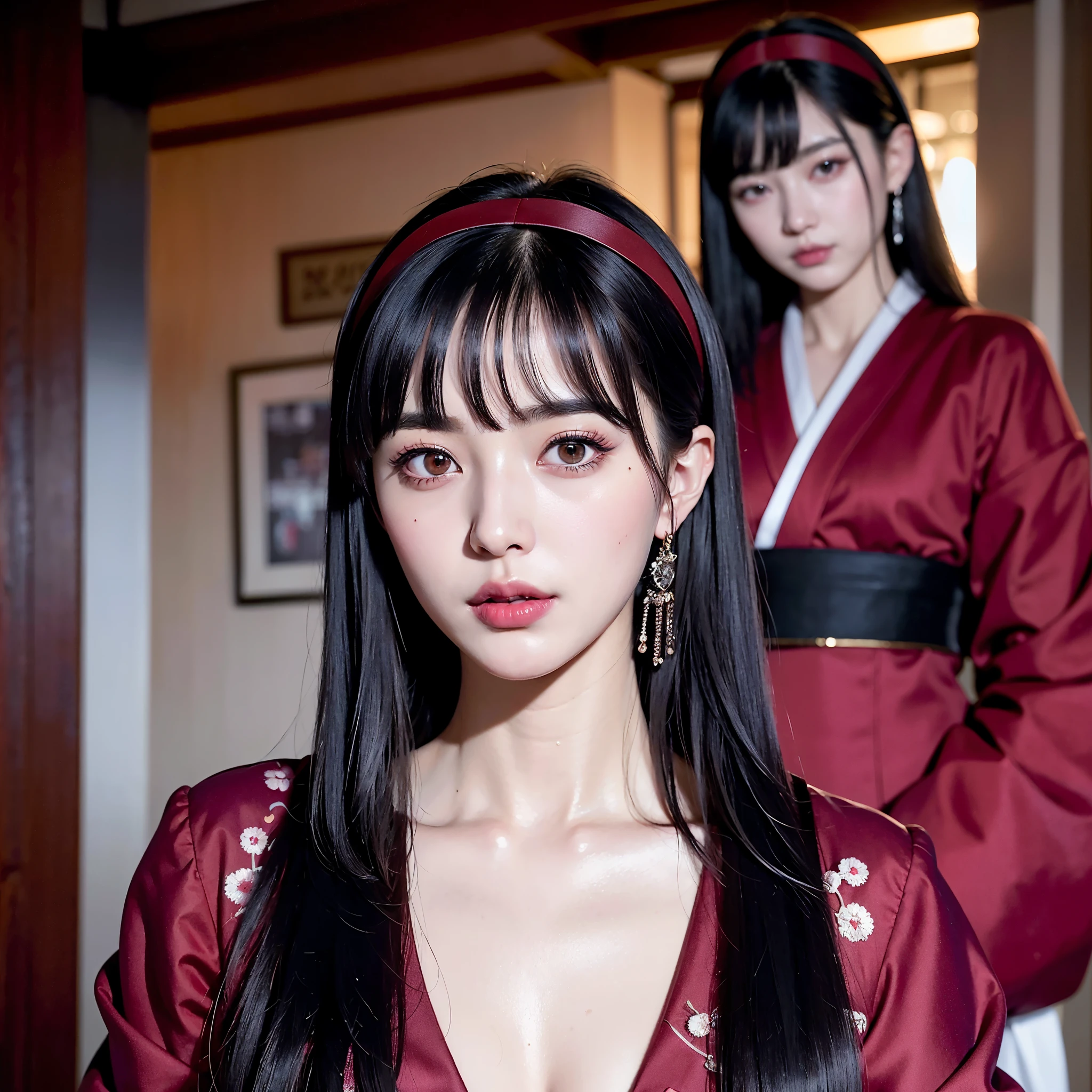 ulzzang-6500-v1.1, (RAW Photos:1.2), (Photorealistic), (Genuine:1.4), (masterpiece), Elegant woman with a perfect figure: 1.3, Jet Black Hair、((Straight bob hair with neatly cut ends、bangs、Red Hairband))、(Wearing a deep purple furisode with an elegant pattern)、fan、Bend down、Crouching Start、Majestic Hall々, (Murderous Intentに満ちた表情:1.2)、 Highly detailed face and skin, Fine Eyes, double eyelid,  ((Full Body Shot:1.12))、Wear short boots、Short light weapons、Murderous Intent、Murderous intent、Sharp Eyes、(Ready for battle),