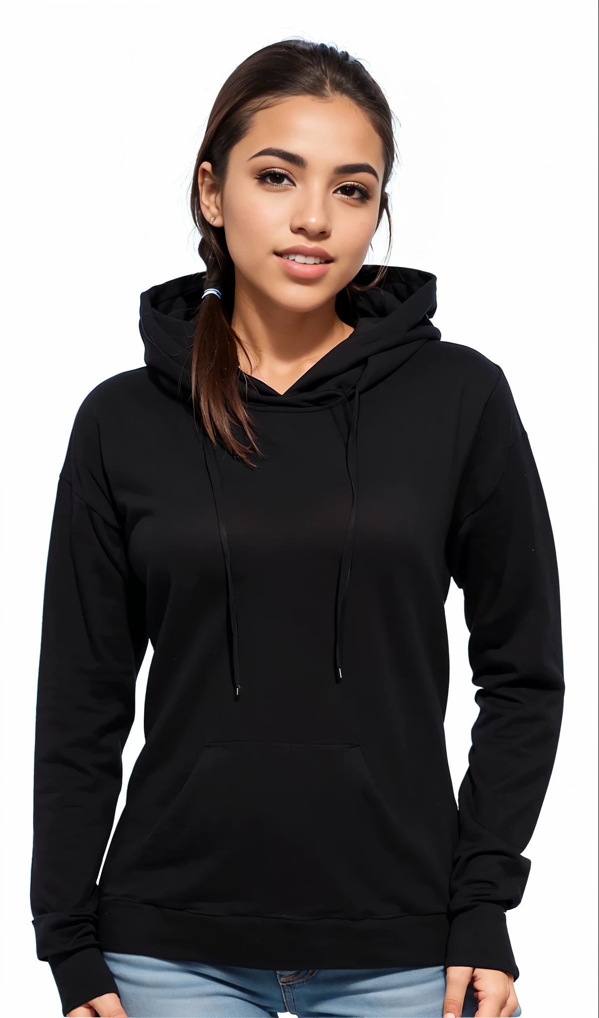 a woman wearing a preto capuz with a white background, wearing a preto capuz, preto capuz techie, preto capuz, in a preto capuz, dressed preto capuz, wearing a capuz, girl wearing capuz, wearing capuz, preto haired girl wearing capuz, vestindo um capuz, in a capuz, mulher exploradora com capuz, preto, capuz, or preto, preto hood, encapuzado