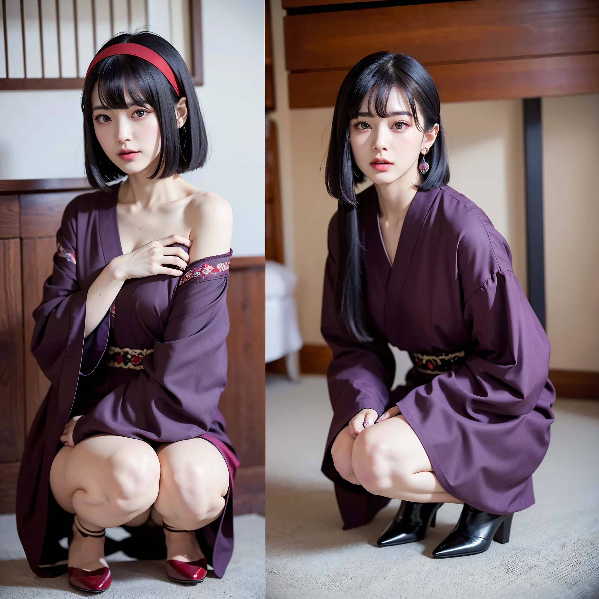 ulzzang-6500-v1.1, (RAW Photos:1.2), (Photorealistic), (Genuine:1.4), (masterpiece), Elegant woman with a perfect figure: 1.3, Jet Black Hair、((Straight bob hair with neatly cut ends、bangs、Red Hairband))、(Wearing a deep purple furisode with an elegant pattern)、fan、Bend down、Crouching Start、Majestic Hall々, (Murderous Intentに満ちた表情:1.2)、 Highly detailed face and skin, Fine Eyes, double eyelid,  ((Full Body Shot:1.12))、Wear short boots、Short light weapons、Murderous Intent、Murderous intent、Sharp Eyes、(Ready for battle),