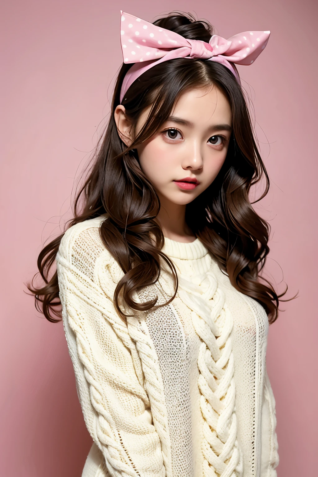 (masterpiece, best quality:1.2), 1 girl, alone,wavy hair,Ribbon headbands,polka dot sweater,sweater detail,Colorful backgrounds,
