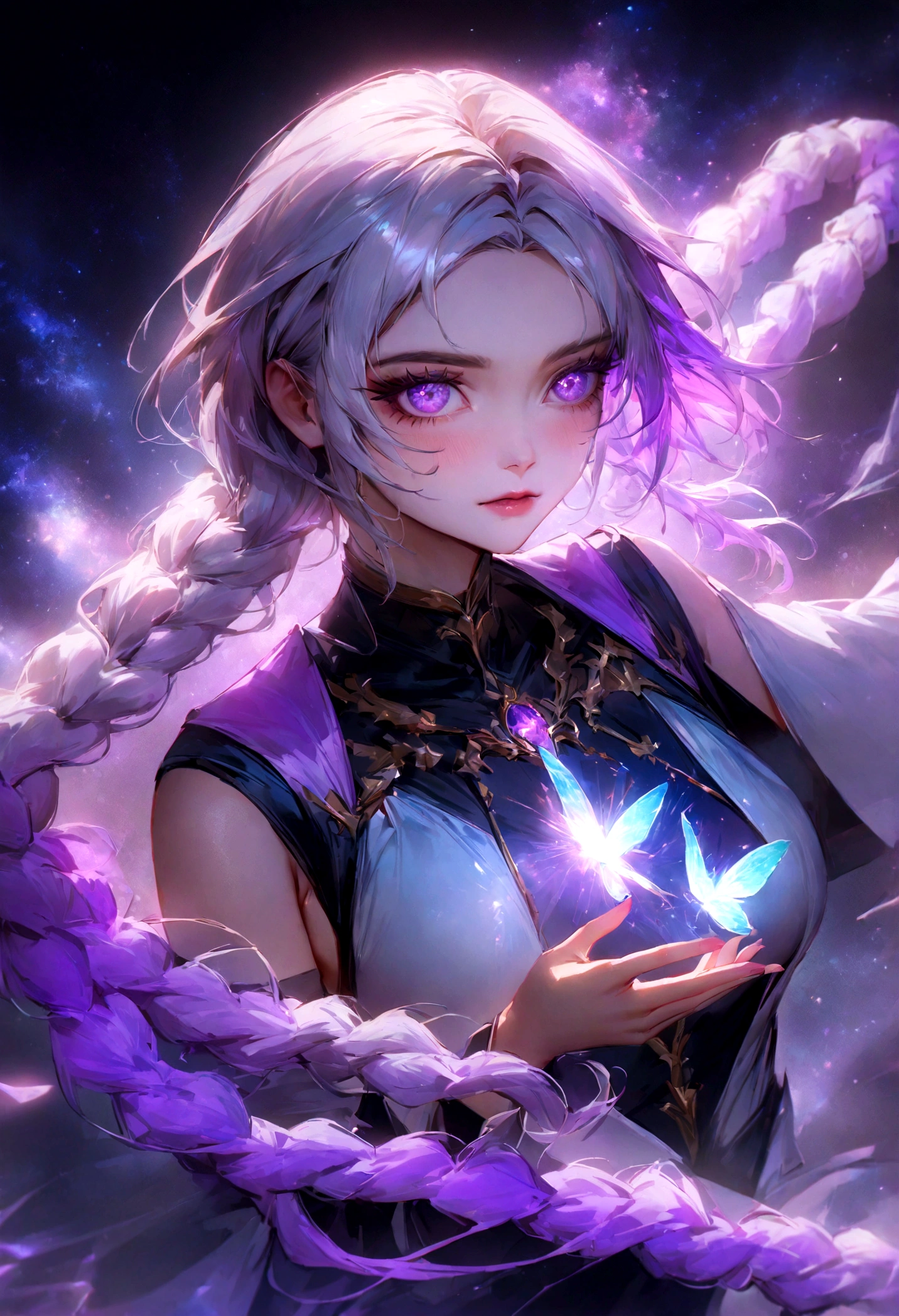 Two people, A boy with a purple and white gradient double braid long ponytail、cool、personality、Brave girl, style by Yuumei, high resolution, 8k very aesthetic, mesmerise celestial fireworks starry sky, floral atmosphere, vibrant godray effect on a realistic, hyperdetailed vibrant glowing petal, luminous foliage, dreamlike wonderland-garden naughty butterflies slutty inspired by Yuumei huge busy extremely detailed scene, best quality