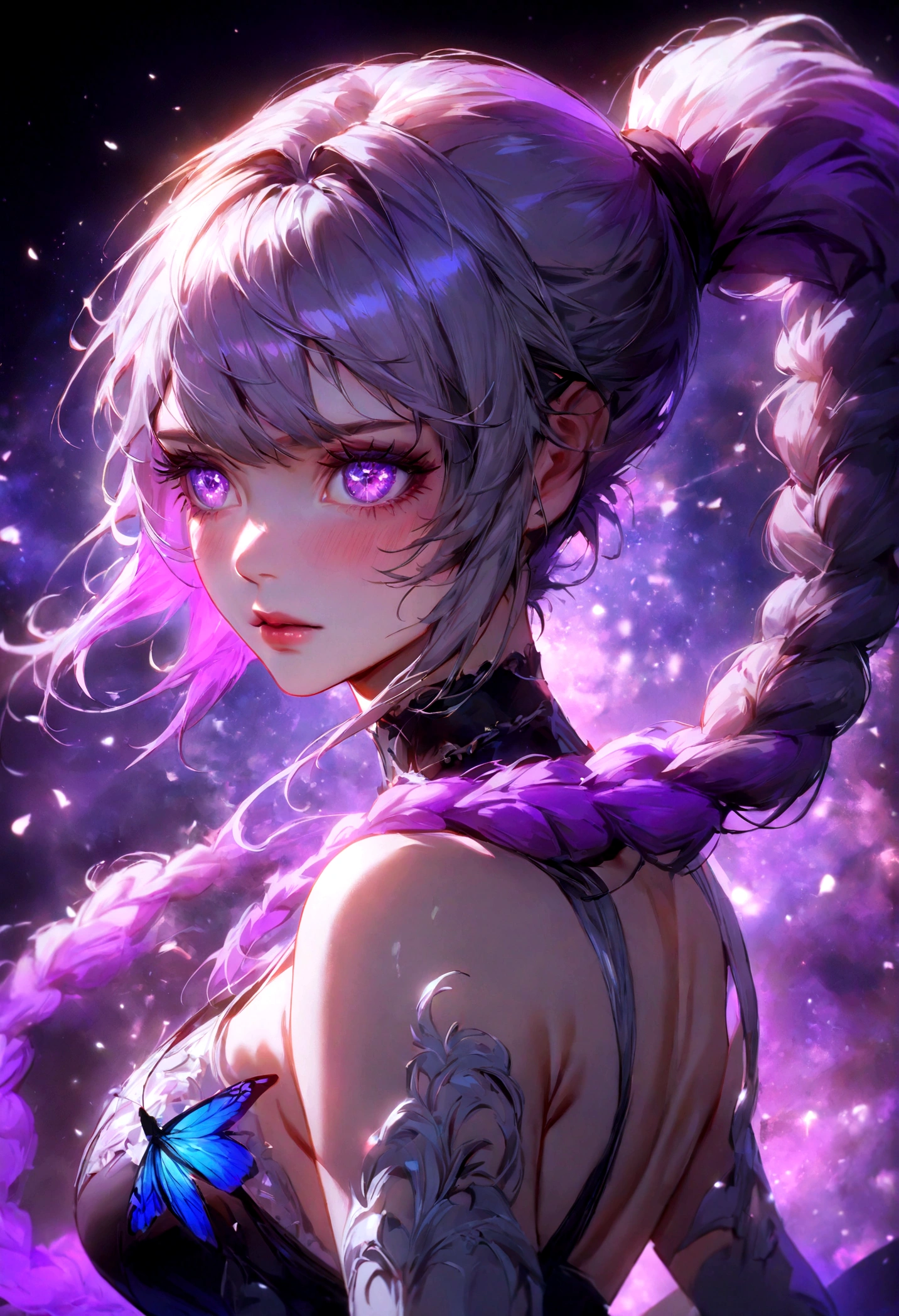 Two people, A boy with a purple and white gradient double braid long ponytail、cool、personality、Brave girl, style by Yuumei, high resolution, 8k very aesthetic, mesmerise celestial fireworks starry sky, floral atmosphere, vibrant godray effect on a realistic, hyperdetailed vibrant glowing petal, luminous foliage, dreamlike wonderland-garden naughty butterflies slutty  inspired by Yuumei huge busy extremely detailed scene, best quality