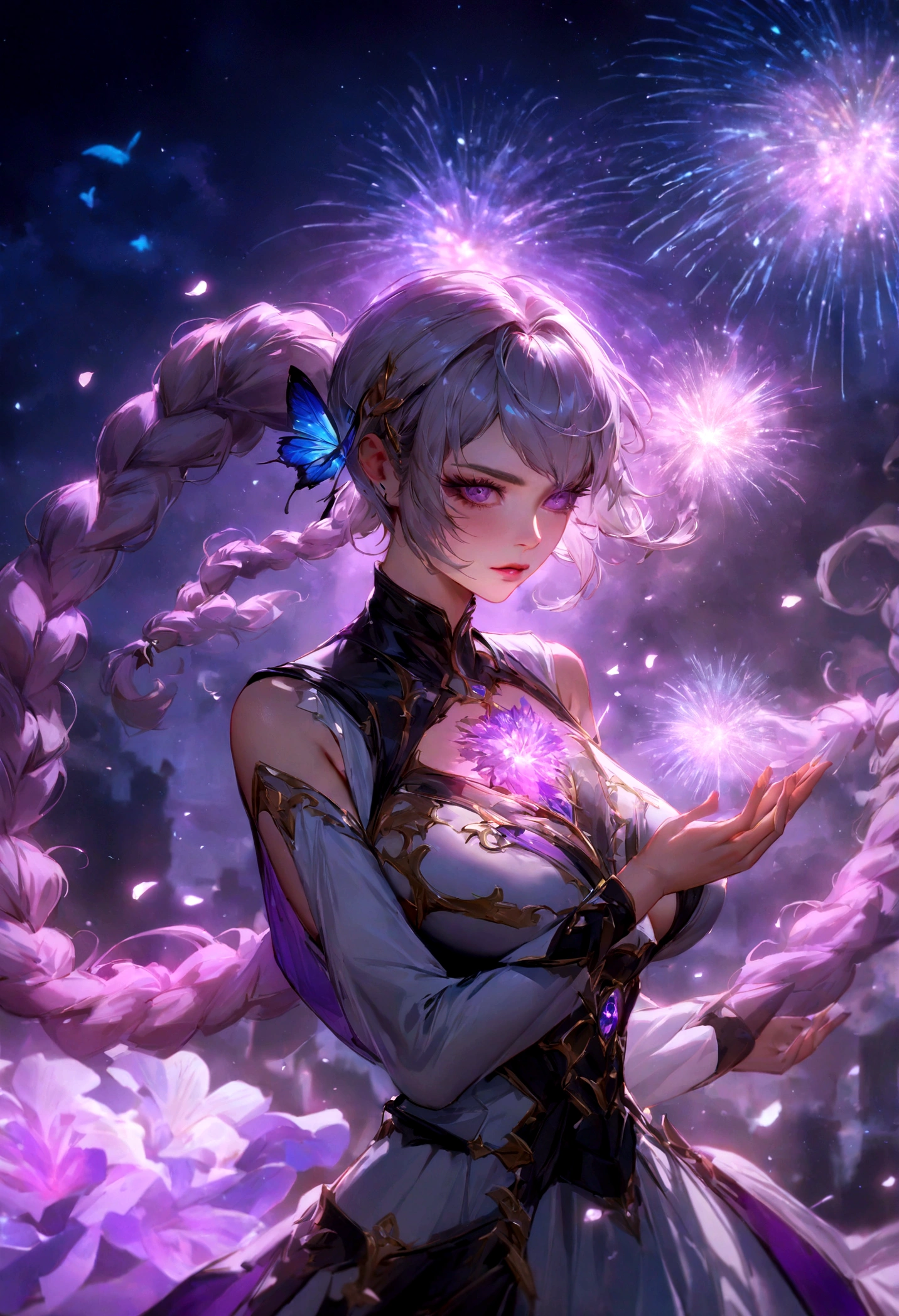 Two people, A boy with a purple and white gradient double braid long ponytail、cool、personality、Brave girl, style by Yuumei, high resolution, 8k very aesthetic, mesmerise celestial fireworks starry sky, floral atmosphere, vibrant godray effect on a realistic, hyperdetailed vibrant glowing petal, luminous foliage, dreamlike wonderland-garden naughty butterflies slutty inspired by Yuumei huge busy extremely detailed scene, best quality