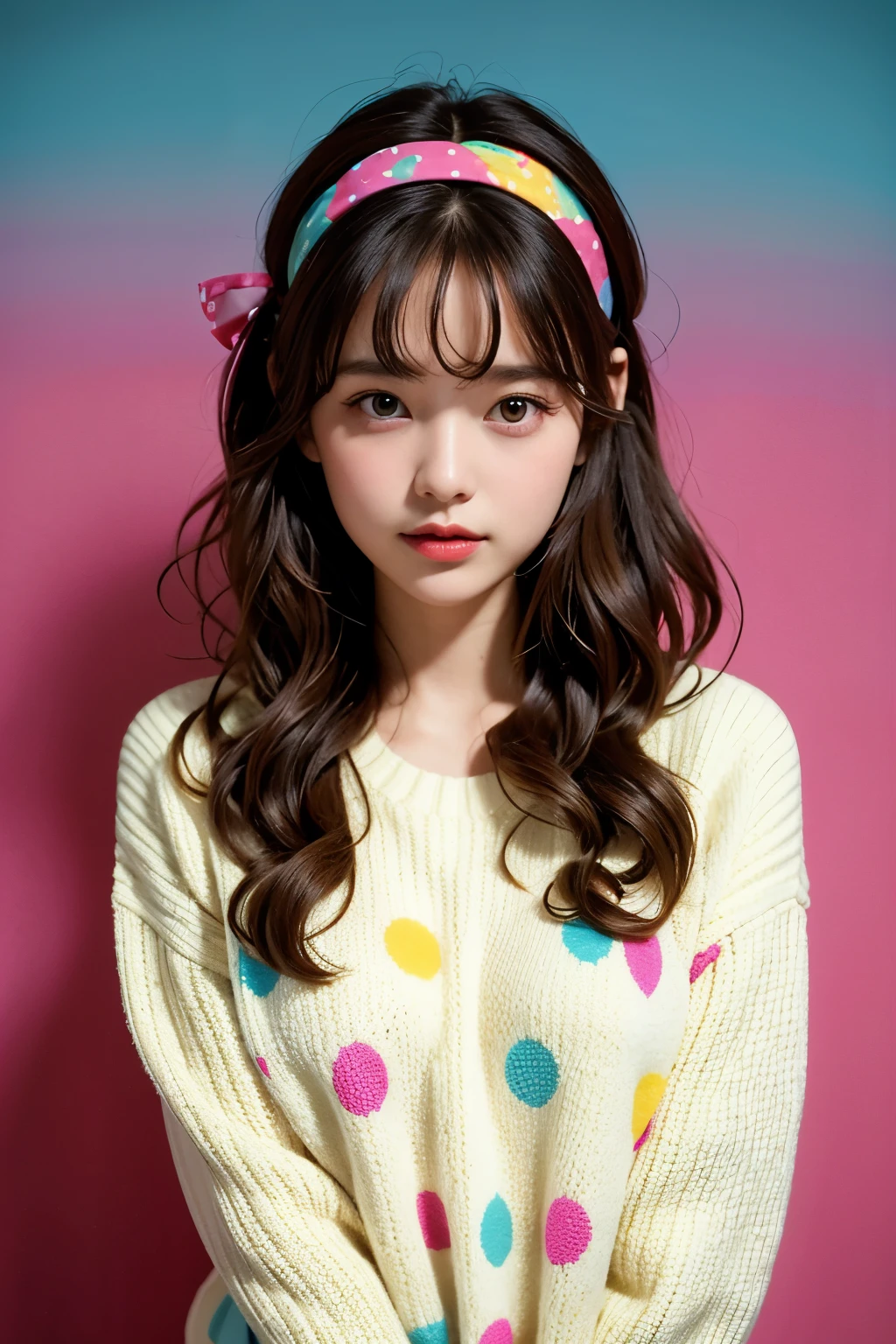 (masterpiece, best quality:1.2), 1 girl, alone，wavy hair，Ribbon headbands，polka dot sweater，sweater detail，Colorful backgrounds,
