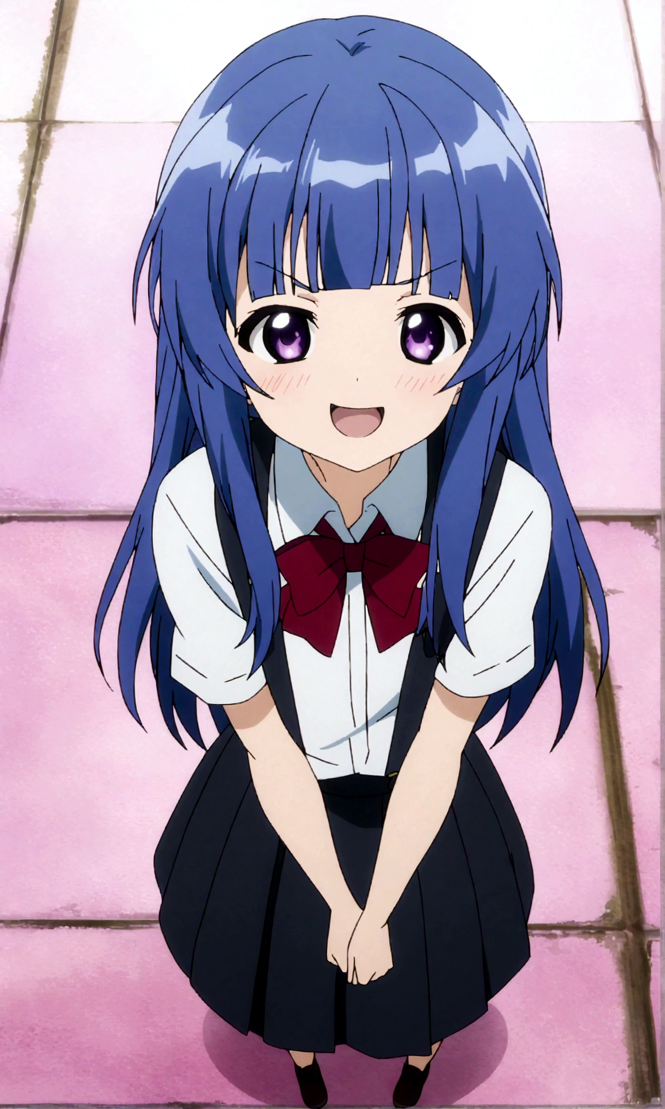 score_9,score_8, score_8_up, BREAK 1girl, solo, furude rika, (tween), kawaii, blue hair, purple eyes, long hair, blunt bangs, bangs,straight-on,from above, bow, skirt, shirt, suspenders, smile, short sleeves, pleated skirt, white shirt, open mouth, :d, red bow, facing viewer,^_^,smug, suspender skirt, , black skirt, collared shirt, blush, bowtie, blunt bangs, dress shirt,masterpiece, best quality, source_anime,anime screencap,anime coloring,standing,fullbody,v-arms ,simple background, white background.