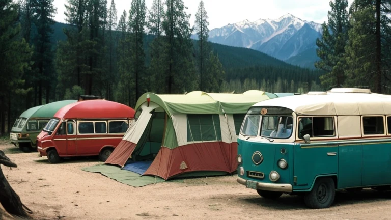 camp for adults USSR in hippie style, with buses and tents, be sure to add people