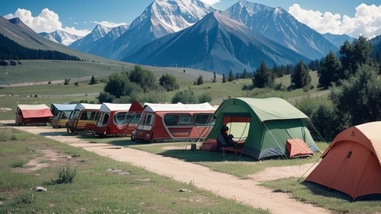 camp for adults USSR in hippie style, with buses and tents, be sure to add people