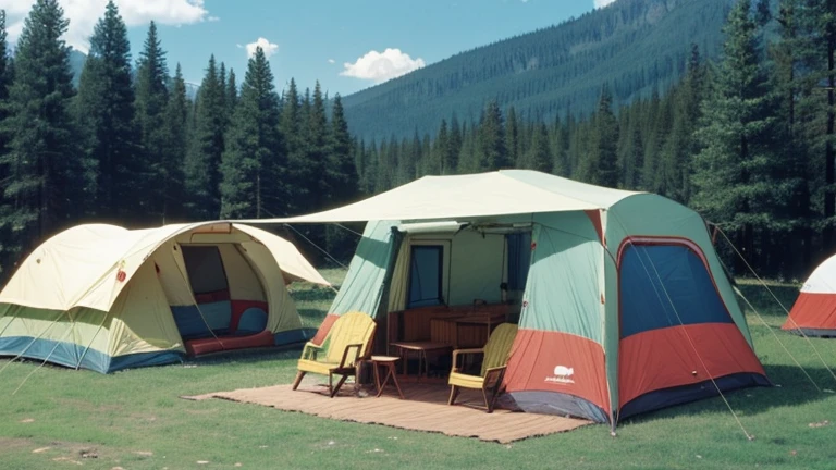 camp for adults USSR in hippie style, with buses and tents, be sure to add people