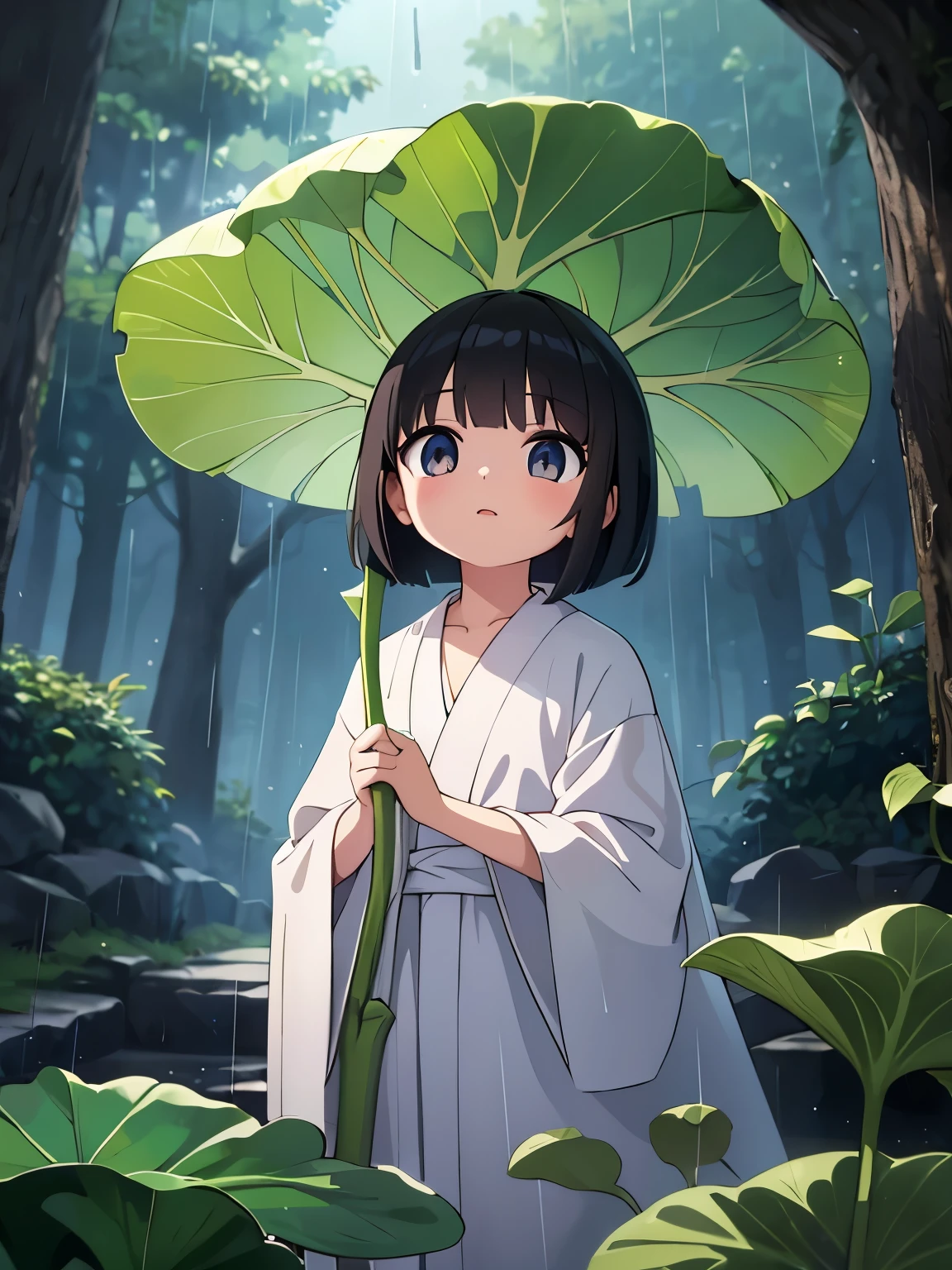 masterpiece, best quality, extremely detailed, anime, A spirit girl, black hair, bob cut hair, short, wearing a white robe, Holding a large butterbur leaf over his head, rain, in the forest,