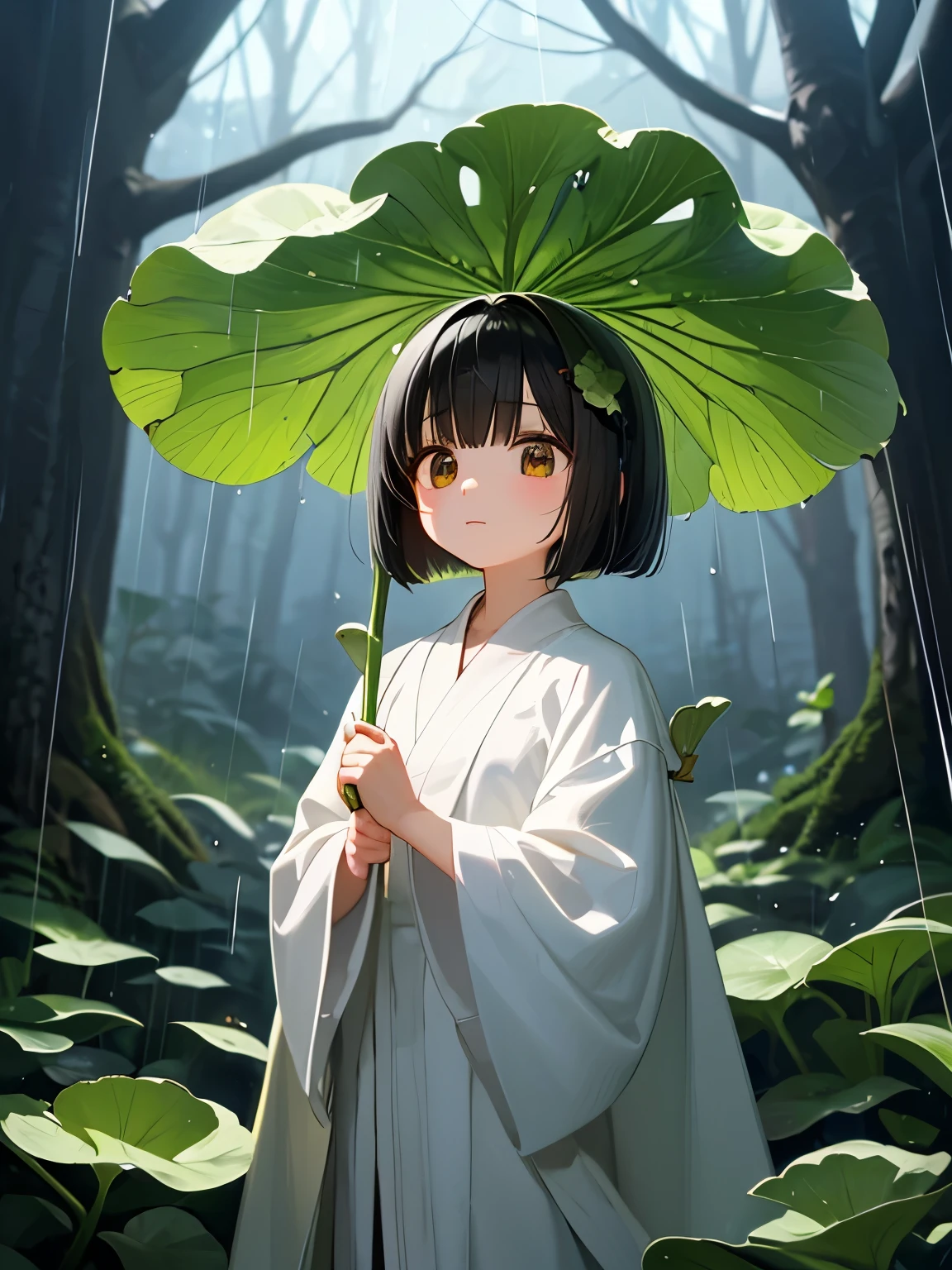 masterpiece, best quality, extremely detailed, anime, A little spirit girl, black hair, bob cut hair, short, wearing a white robe, Holding a large butterbur leaf over his head, rain, in the forest,