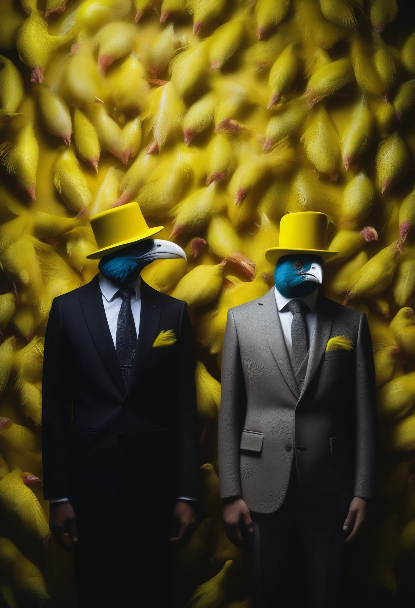 Surrealistic image, visually striking photographic art, grotesque art, slightly disturbing, hyper-detailed, 8k, two fluorescent yellow feathered creatures wearing suits and hats, the head is a bird, the body is dressed Man in suit standing in dark moody interior. The image has a surreal, whimsical quality. A large pile of meat pieces on the reflective black floor. A large number of wet meat pieces, which is confusing.