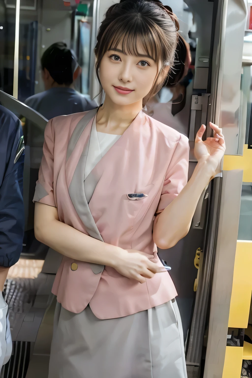 (masterpiece:1.2, highest quality:1.2), 32K HDR, High resolution, (alone、1 girl)、（On the rooftop of a building in the daytime、Professional Lighting）、Building rooftop background、（Nankai train crew uniform pinkを着たリアルスタイル）、（Nankai train crew uniform pink short sleeve pink jacket、Nankai Train Crew Uniform Pink Collarless Short Sleeve Blouse、Nankai Train crew uniform pinkのグレー色のキュロットスカート）、Dark brown hair、（Hair tied up、Hair Bun、Hair Bun）、Dark brown hair、Long Shot、Big Breasts、Thin legs、（（Great hands：2.0）），（（Harmonious body proportions：1.5）），（（Normal limbs：2.0）），（（Normal finger：2.0）），（（Delicate eyes：2.0）），（（Normal eyes：2.0））)、smile、（Nankai Train crew uniform pinkのグレー色のキュロットスカートを見せた美しい立ち姿）、Put your hands down、I have nothing in my hands