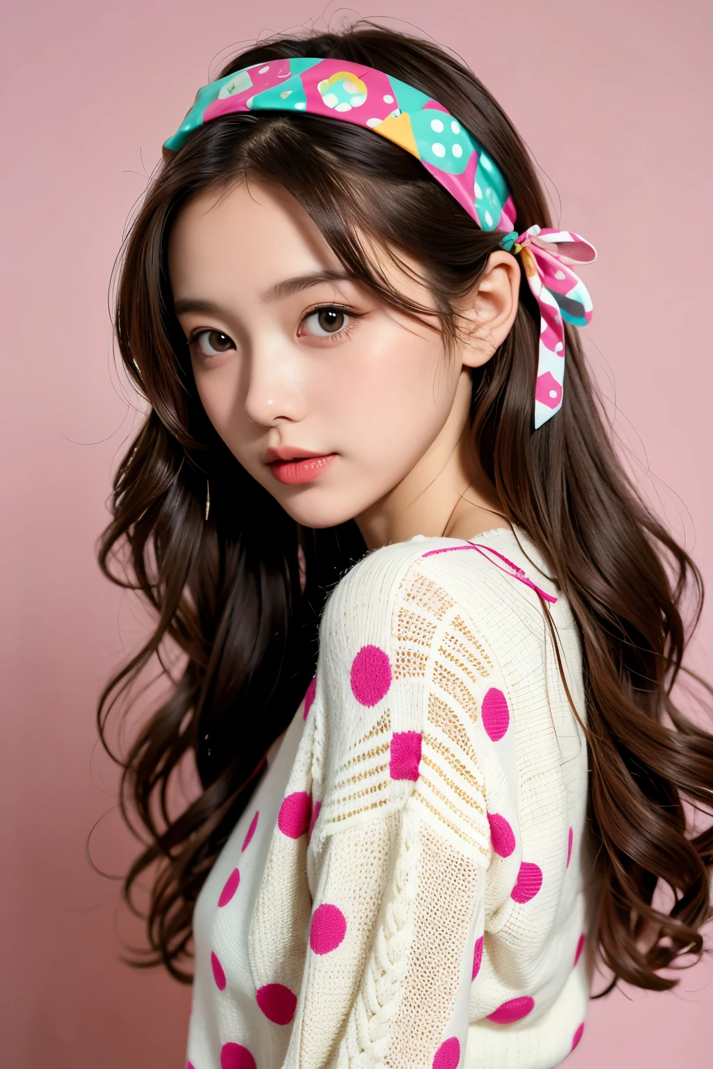 (masterpiece, best quality:1.2), 1 girl, alone,wavy hair,Ribbon headbands,polka dot sweater,sweater detail,Colorful backgrounds,
