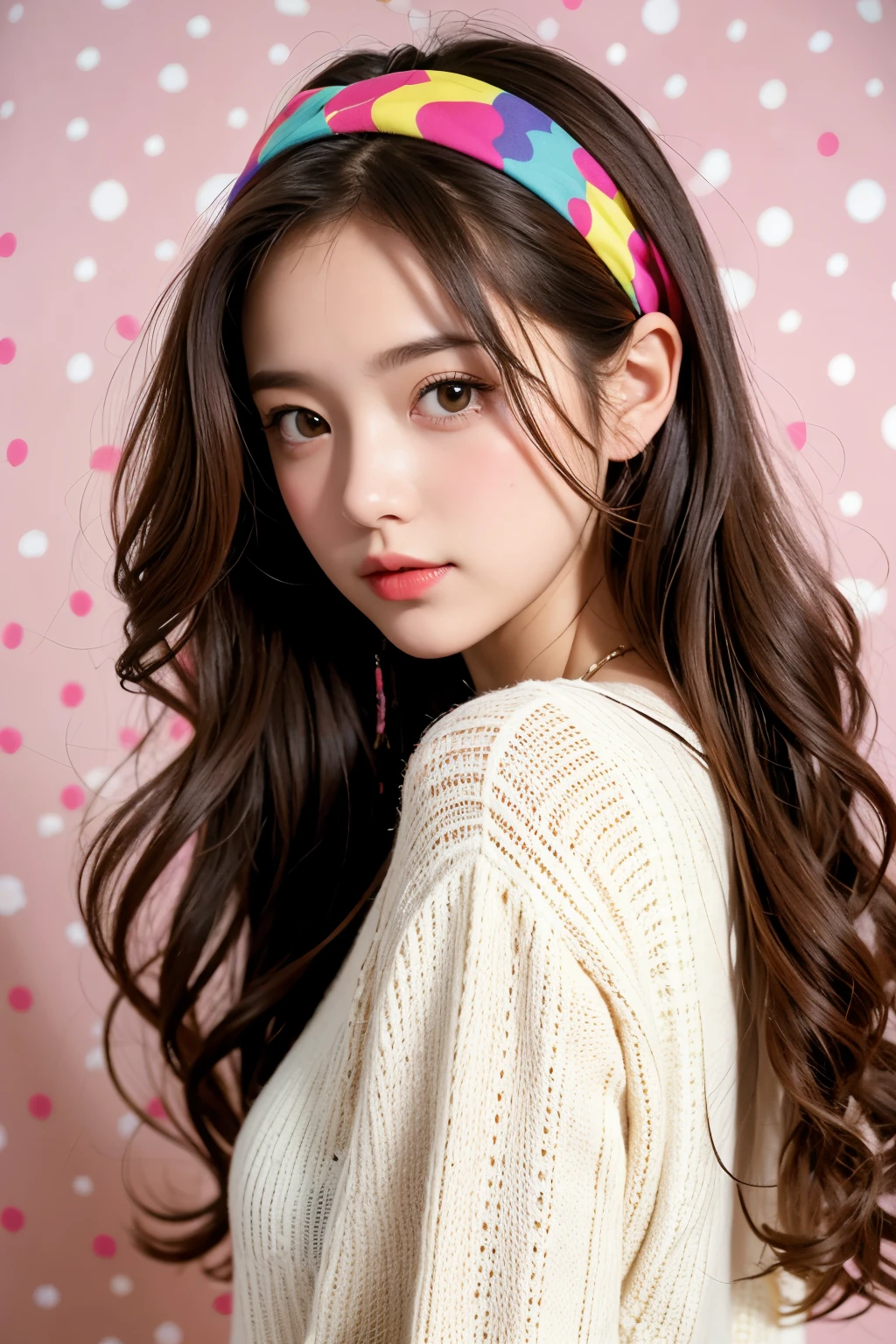 (masterpiece, best quality:1.2), 1 girl, alone,wavy hair,Ribbon headbands,polka dot sweater,sweater detail,Colorful backgrounds,