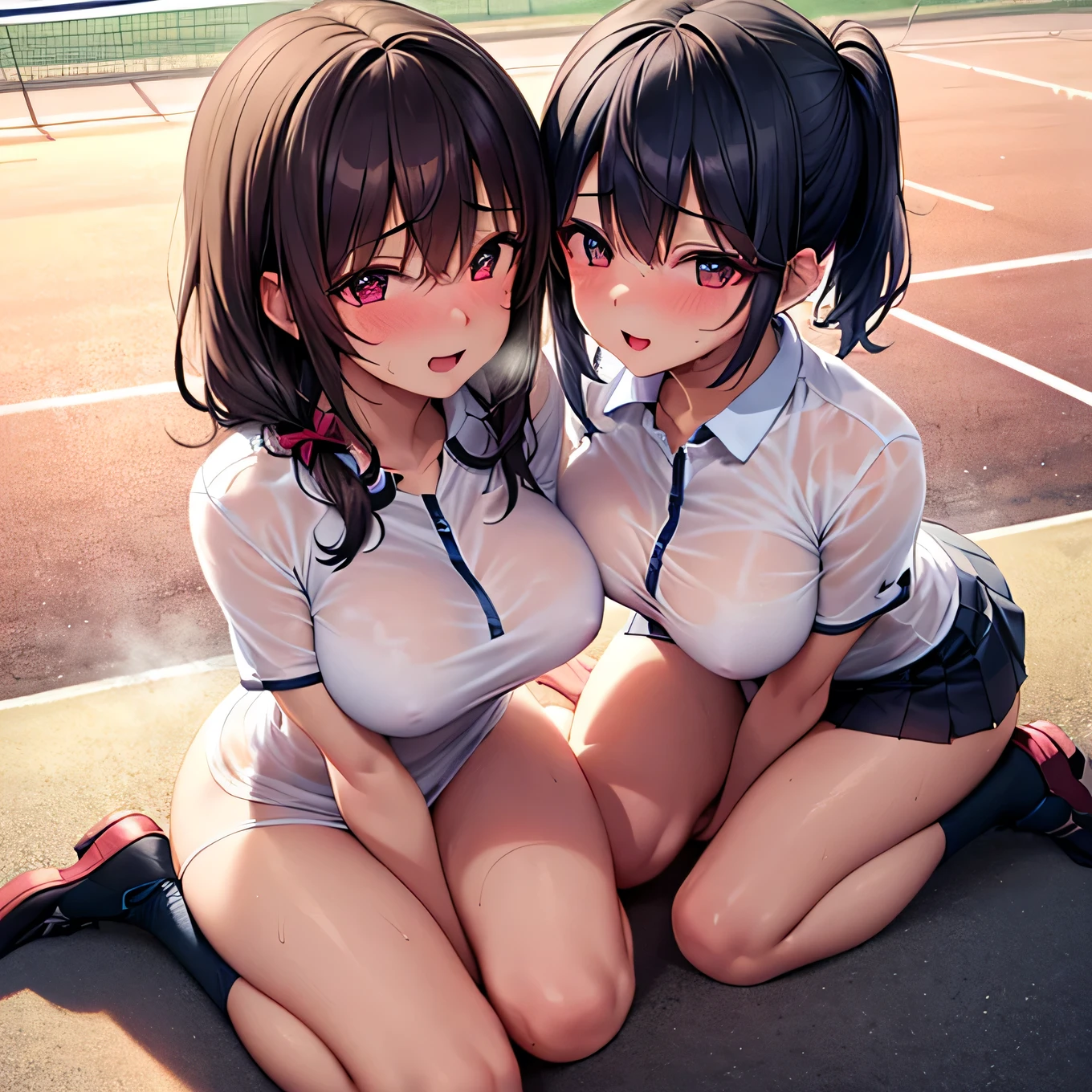 best quality,ultra-detailed,high resolution,extremely detailed CG,perfect anatomy,detailed,cinematic lighting,beautiful detailed eyes,ultra high res,(2girls:1.5),18years old,gleaming skin,oil skin,sweat,humid,trembling,strong light coming in,spot lighting,bright,revealing,nose blush,nsfw,(slut:1.2),(steam:1.2),(wet:0.8),(trembling:0.8),(drooling:0.6),(sweat:0.8),(nsfw:1.2),(Tennis uniform:1.2),(Young:1.2),Japanese,(Tennis court:1.2),large breasts,(Random Hairstyles:1.2),(full body:1.2),skirt,(Sheer tops:1.5),(lure:1.9),(Lesbian:1.9),(Taunt:1.9)