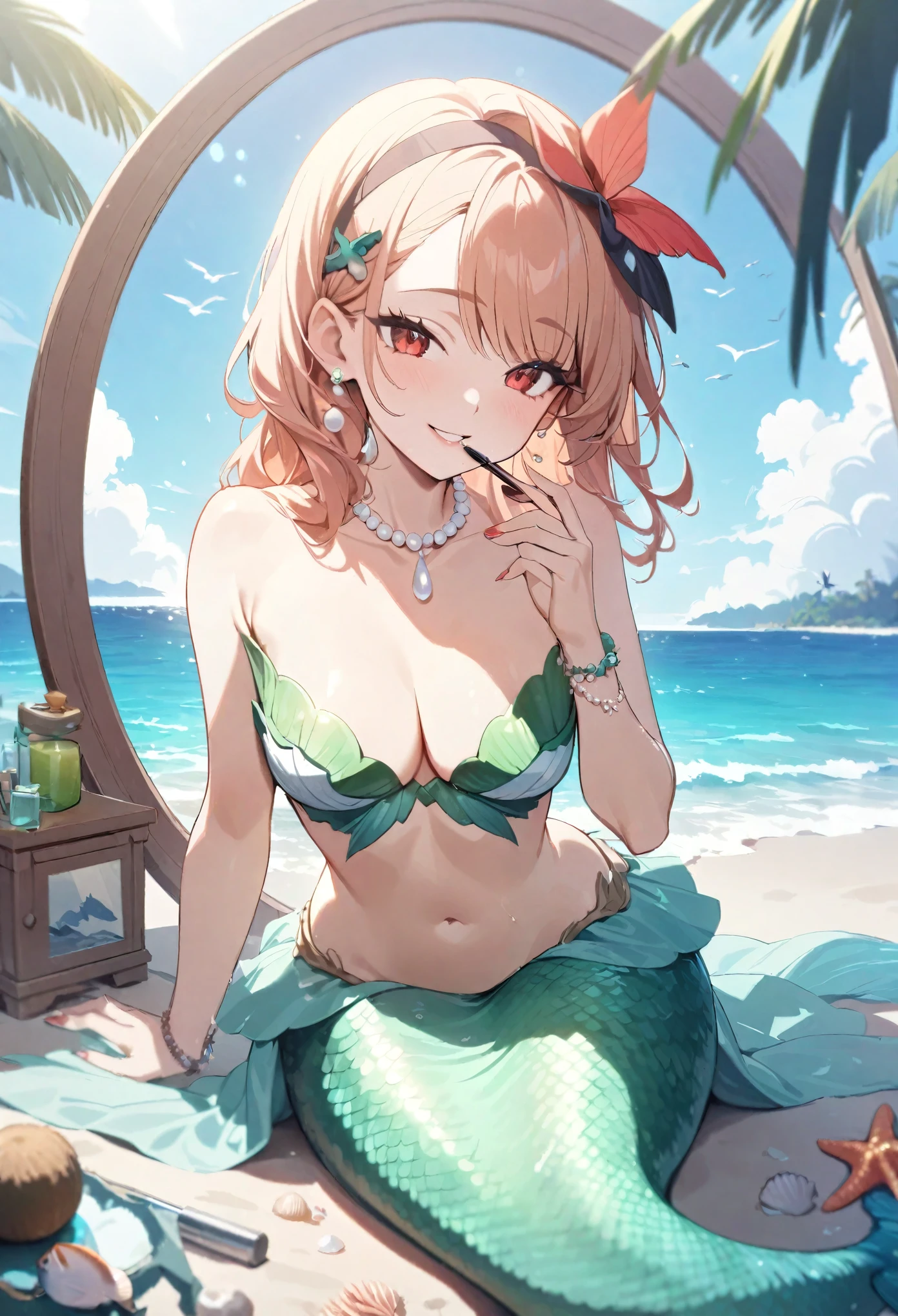 (best quality,4k,8k,highres,masterpiece:1.2),ultra-detailed,age girl gets magically transformed into a cute mermaid, fantasy transformation,red-eyed,beautiful detailed eyes,spiky long ginger hair,happiness,cute mermaid, long and detailed mermaid tail with shimmering green scales, seashell bra,pair of fish gills on her torso, red and black ribbon headband, starfish hair clips, pearl hair ornaments, pearl earrings and bracelets, pearl necklace, red manicured nails, eye-catching accessories,beautifully detailed lips, sitting on a rock, sandy beach, new beautiful body,she’s smiling,embracing her new life has a mermaid, sitting in front of a mirror, applying some lipstick on her lips, doing her makeup, ocean waves,sparkling water,coconut trees,seagulls,coral reef,vibrant colors,magical glow,shimmering scales,sea breeze,warm sunlight,joyful expression,island paradise,lush tropical plants,dynamic composition,soft and smooth lines,expressive facial features,gentle water reflections,serene atmosphere, Highly detailed, masterpiece, high quality, 4K