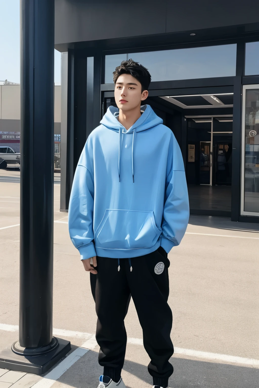 A Beijing young man in a oversize "blue Hoodie" and black Jogger trousers stands against a shopping center background, full body, Height is 1 cm, sneaker,