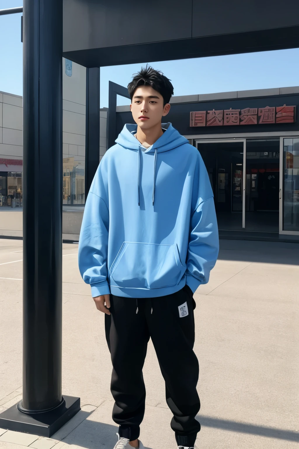 A Beijing young man in a oversize "blue Hoodie" and black Jogger trousers stands against a shopping center background, full body, Height is 1 cm, sneaker,  