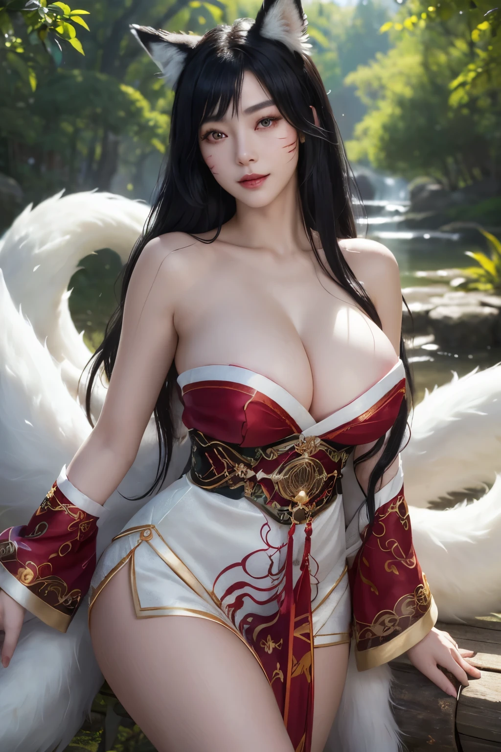Top quality, 8k, 32k, Masterpiece, photorealistic, realistic, (photorealistic:1.5), solo, smile, (dramatic lighting:1.2), professional makeup, (natural big breasts:1.3), (seductive:1.5), (sexy:1.5) beautiful white face shining, gorgeous face, pink cheeks, beautiful lips, porcelain skin, detail intricate, super detailed, super high, highest detailed, high detailed, delicate, incredible detailed, fine detailed, (cinematic lighting:1.2), top quality, smooth and beautiful, CG, unity, 8k wallpaper, Stunning, fine detail, unity CG wallpaper 8k ultra-detailed, large file size, ultra-detailed, high resolution, incredible detail, stunning detail, depth of field, cowboy shots, a Japanese village, blooming season, outdoor, bright scenery, slim body shape, ahri lore, pale skin, (long black hair:1.3), (eyes are golden yellow with slit-shaped pupils and her cheeks have red), whisker-like marks, black fox ears atop her head, long claws for nails, (big tails:1.5), (nine tails), (white fox tails), (white dress with red and gold details and trinkets like three purple tassels).