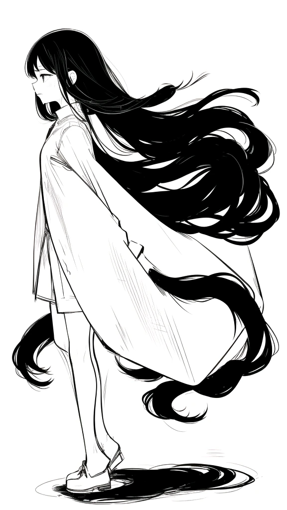 best quality, chibi, 1 girl,Long black hair,(full body), Pure white background,Vivid,clearly,sad face,rain,snow,Are crying,shout,Very long black hair blowing in the wind,Run,Hair that fills the screen