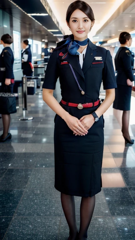 1 girl standing, looking at viewer, Japanese female,Age: 20 age_old, light brown hair, chignon , mole under , fringe, little smile, (middle breasts, slender whist, middle hip ,beautiful pussy, beautiful anal, public hair) standing , Navy blue Flight attendant uniform, Navy blue,  long pencil skirt , blue scarf ,black stocking, black heals, 1 bag, lady's watch,  on airport , UHD, accurate, anatomically correct, textured skin, super detail, high details, high quality, best quality, 4K