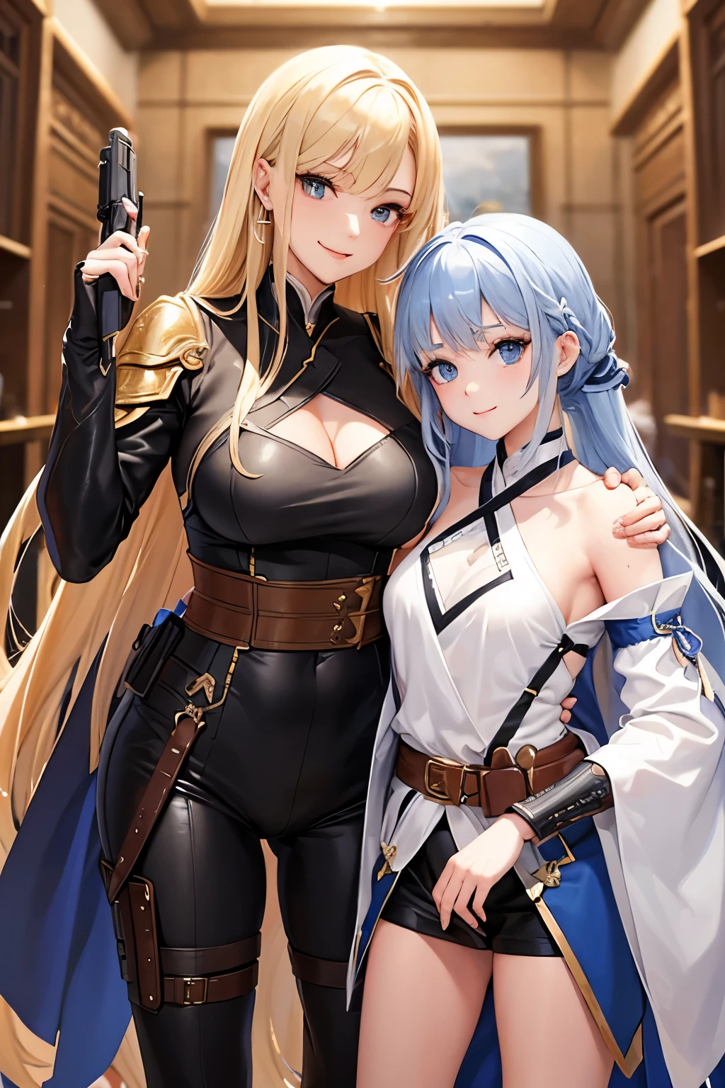 （（（highest quality、first-class、masterpiece、Normal body、8k、Detailed face、Ultra-precision、Normal hand、Normal finger、５Finger、Highest）））、２people、beautiful girl、Adele&Alisha、Relatives and friends、Adele（（Height: 163cm、Silver-haired semi-long、Beautiful Swordswoman、Japanese sword、Carrying a sword、A warm smile、Easygoing、Healing、Ridiculous Costumes））、Alisha（（Height: 155cm、Long blonde、Beautiful Girl Gunner、gun、Magnum、holster、gun belt、cool、Calm、Smile、Sexy Costumes））、Stand side by side、partner、Dungeons、maze