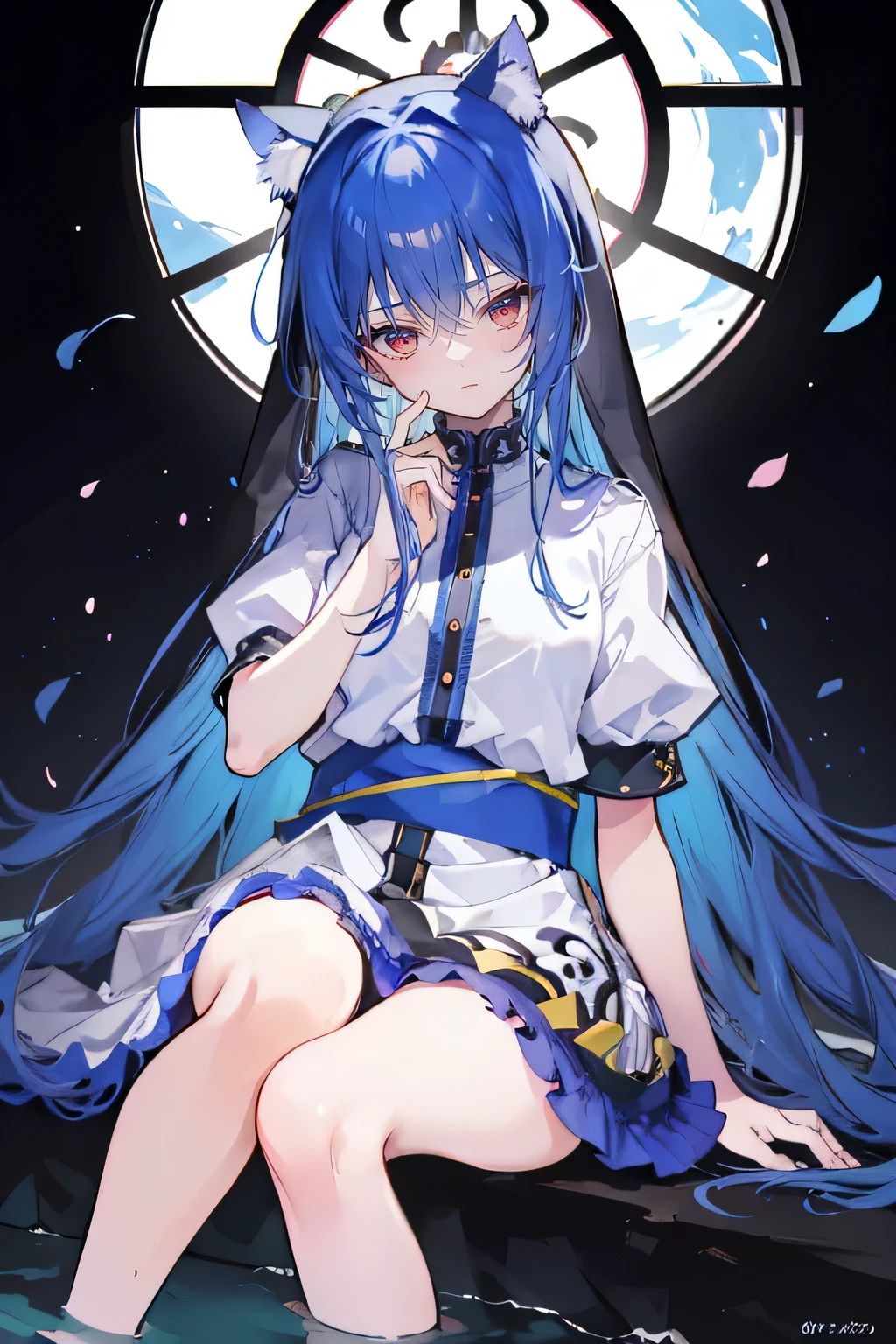 (masterpiece:1.2),Extremely detailed,Practical,expressive eyes,Fair skin,Perfect face shaping,1 Girl,
Japanese cartoons,Gorgeous blue hair, the long flowing blue hair,Floating clothes,Cat ears,Petals fall,beautiful lola,Young Angel,
Place your hands on your waist,sit elegantly on the ground,Cross your legs,Gentle and peaceful background,stately church,nun,lie on the water,Blackening,A look of disdain.