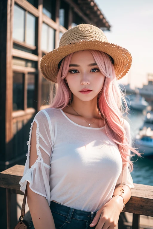 Light pink hair, Pink Eyes, At the port, Vibrant colors, steampunk, blouse white、Paint Splash, Sunset behind, Ray Tracing, Wavy long hair、Straw hat