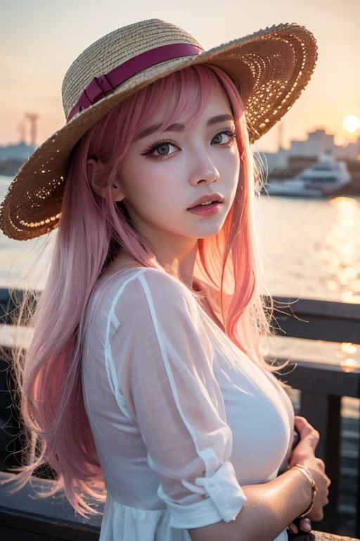 Light pink hair, Pink Eyes, At the port, Vibrant colors, steampunk, blouse white、Paint Splash, Sunset behind, Ray Tracing, Wavy long hair、Straw hat